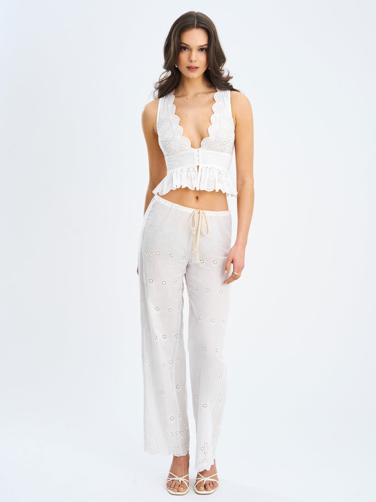 Raia White Cotton Eyelet Scallop Trim Top