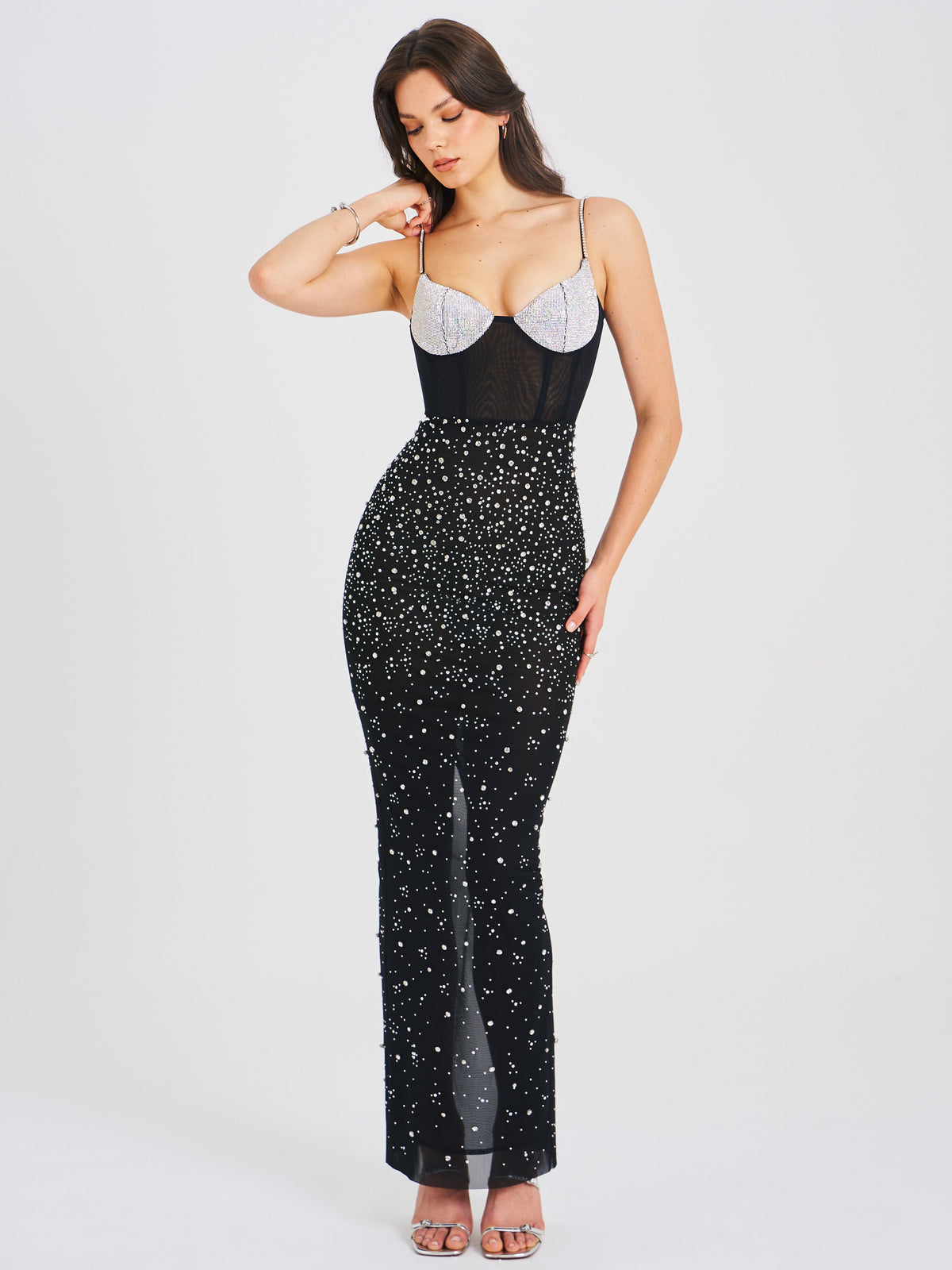 Jimena Crystal Embellished Back Slit Maxi Dress (Archive Sale)