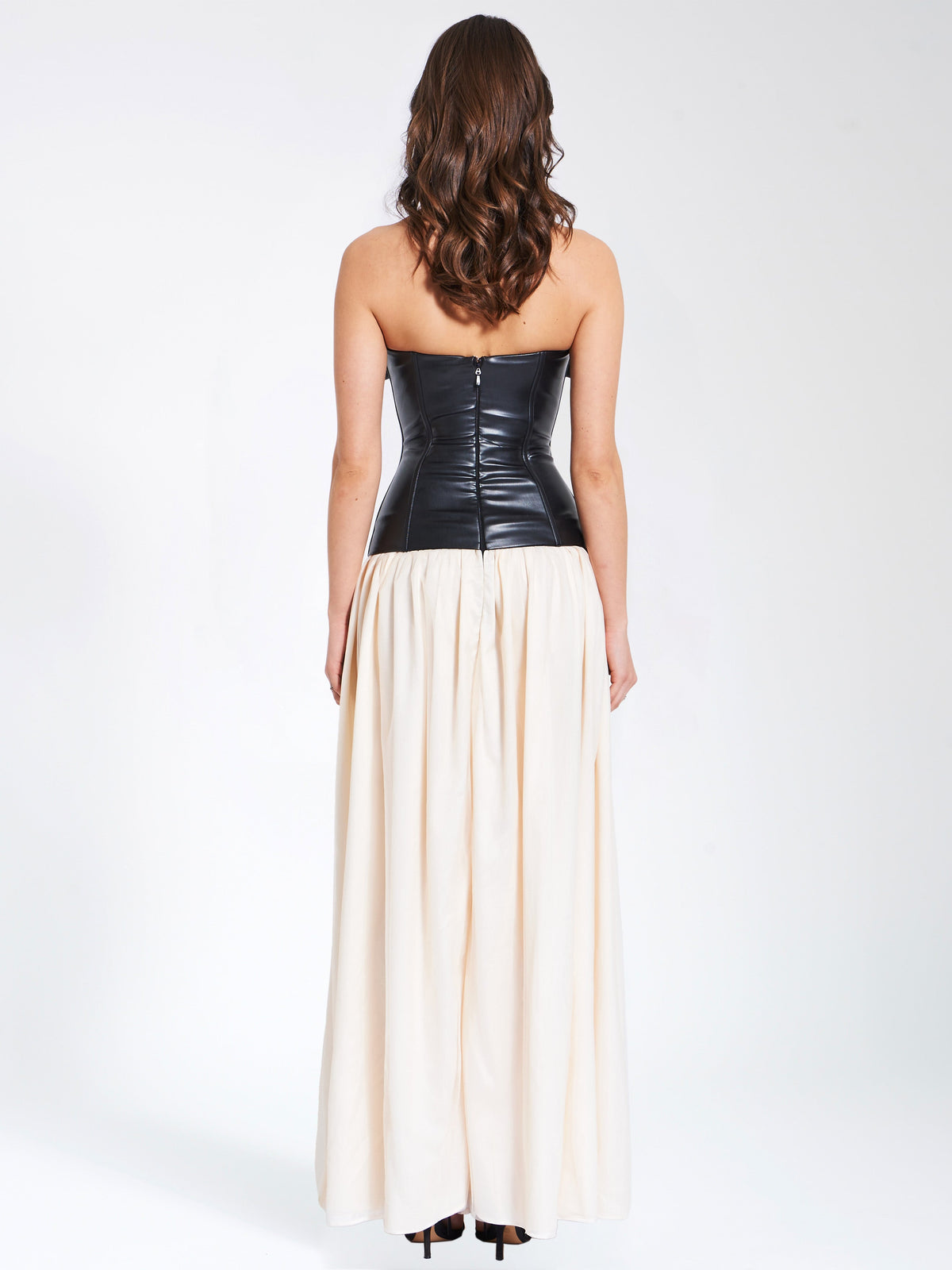 Maayan Black Vegan Leather Corset High Slit Drop Waist Maxi Dress (Archive Sale)