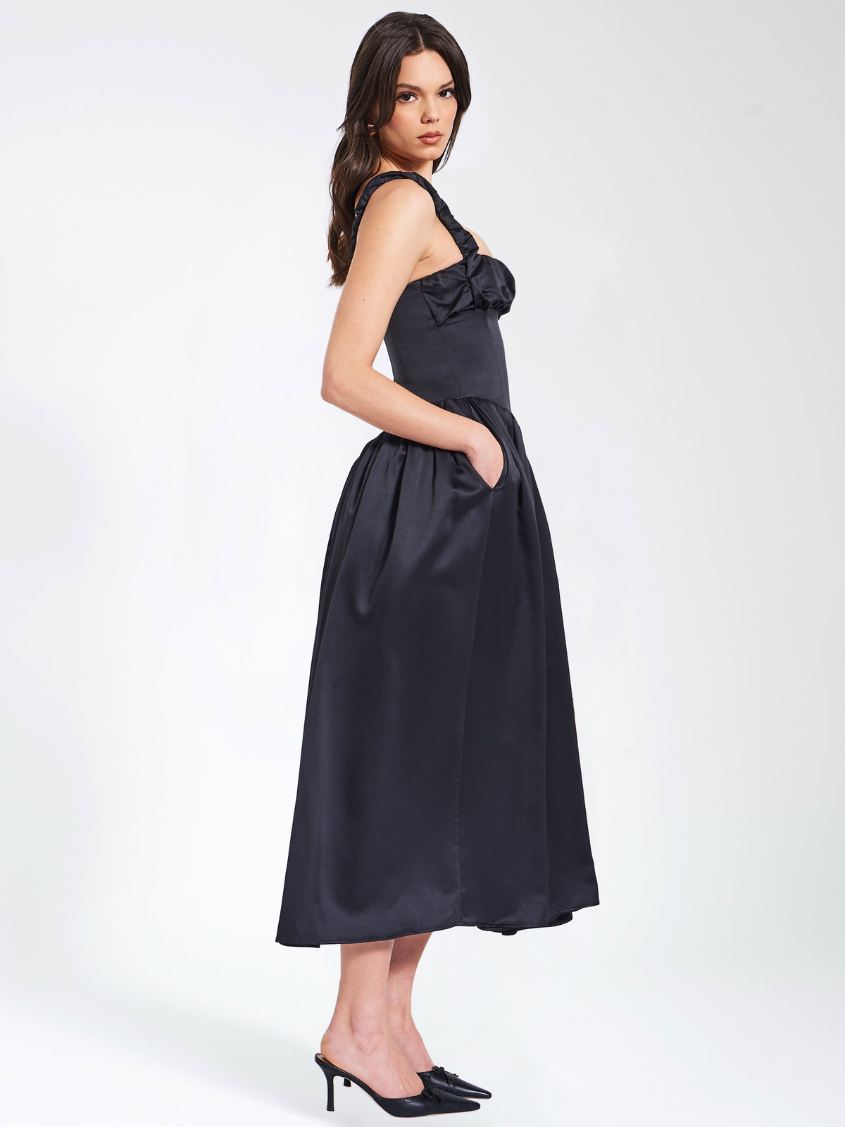 Noreen Black Satin Drop Waist Maxi Sundress (Archive Sale)