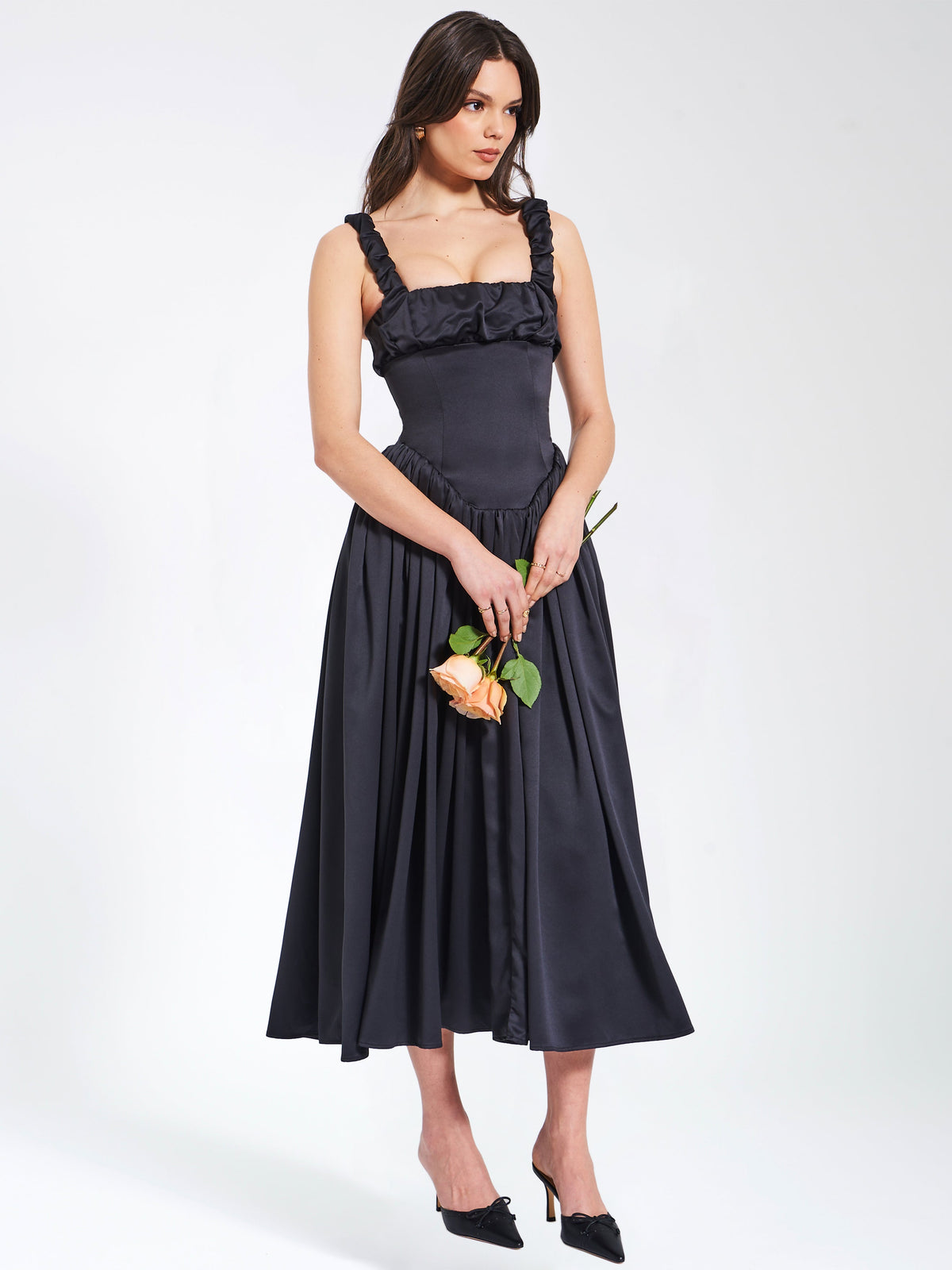 Noreen Black Satin Drop Waist Maxi Sundress (Archive Sale)