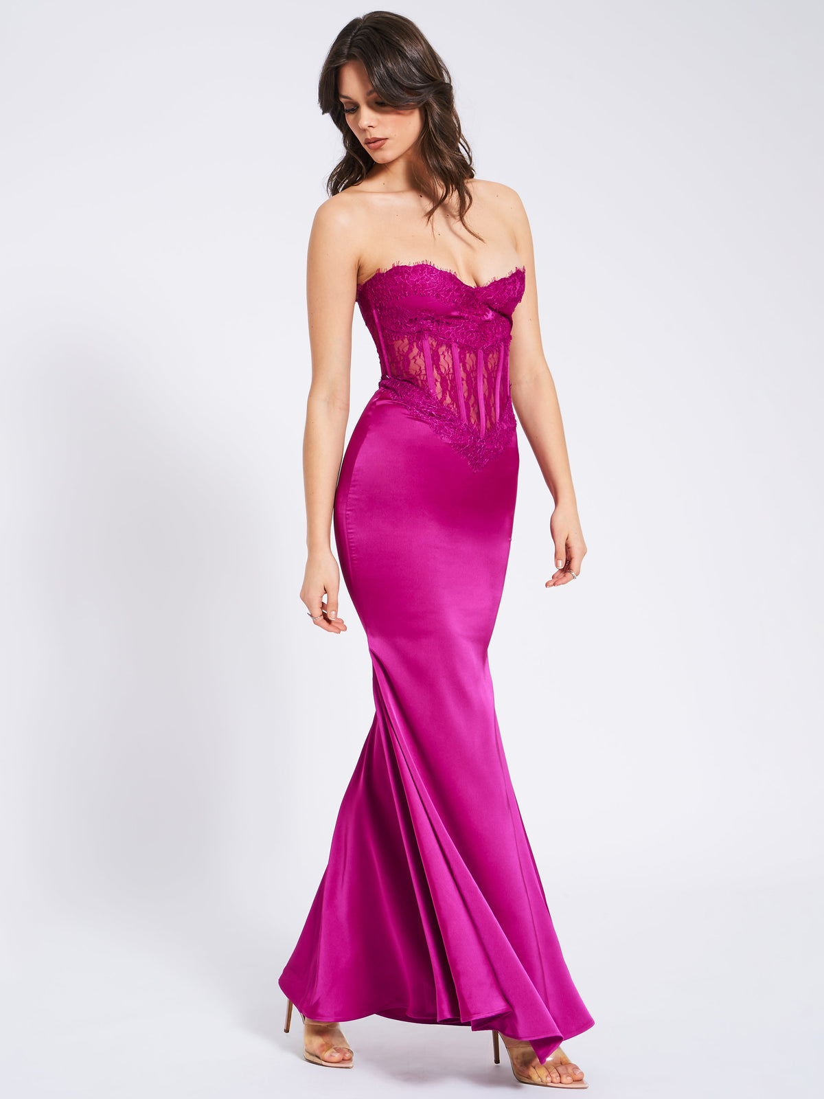 Everleigh Fuchsia Lace Satin Corset Maxi Dress (Archive Sale)