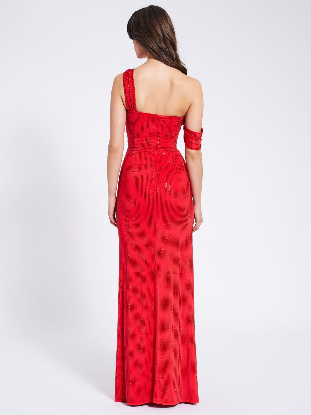Paget Red Mesh Rhinestone Embellished High Slit Gown (Archive Sale)