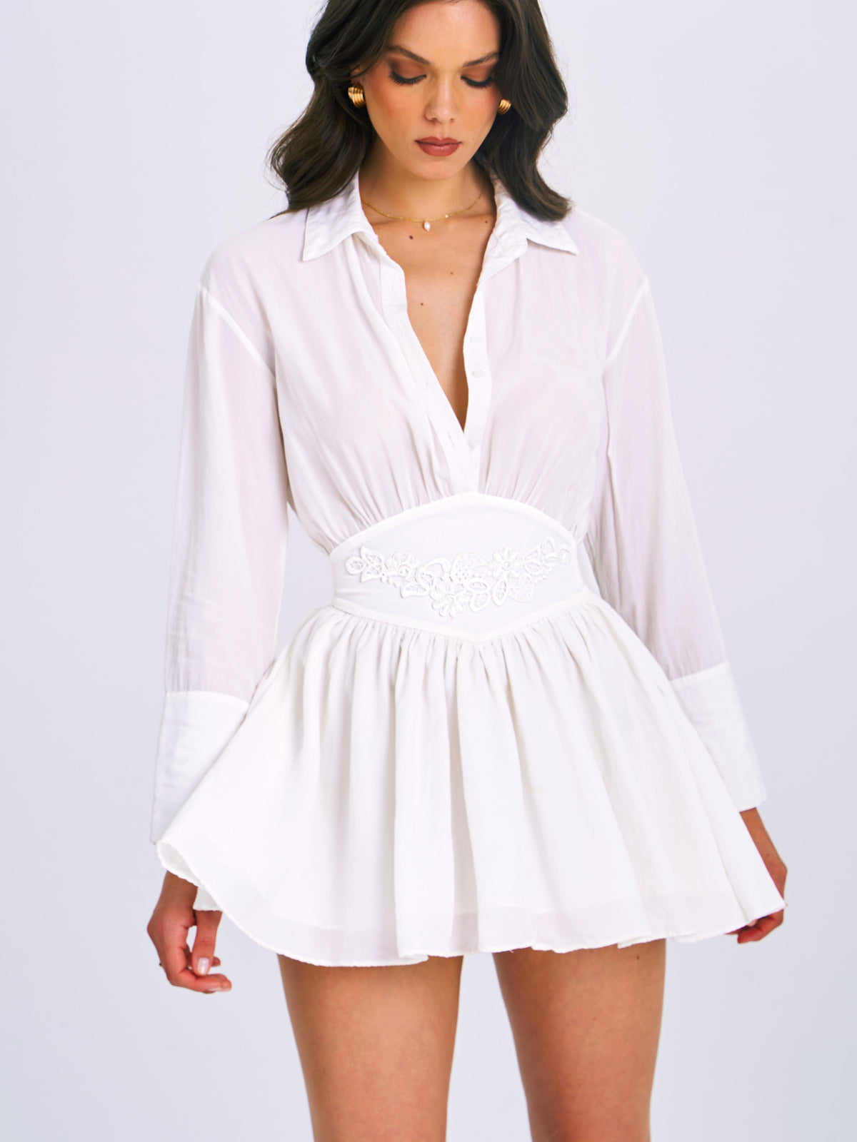 Jamila White Lyocell Embroidered Shirt Mini Dress
