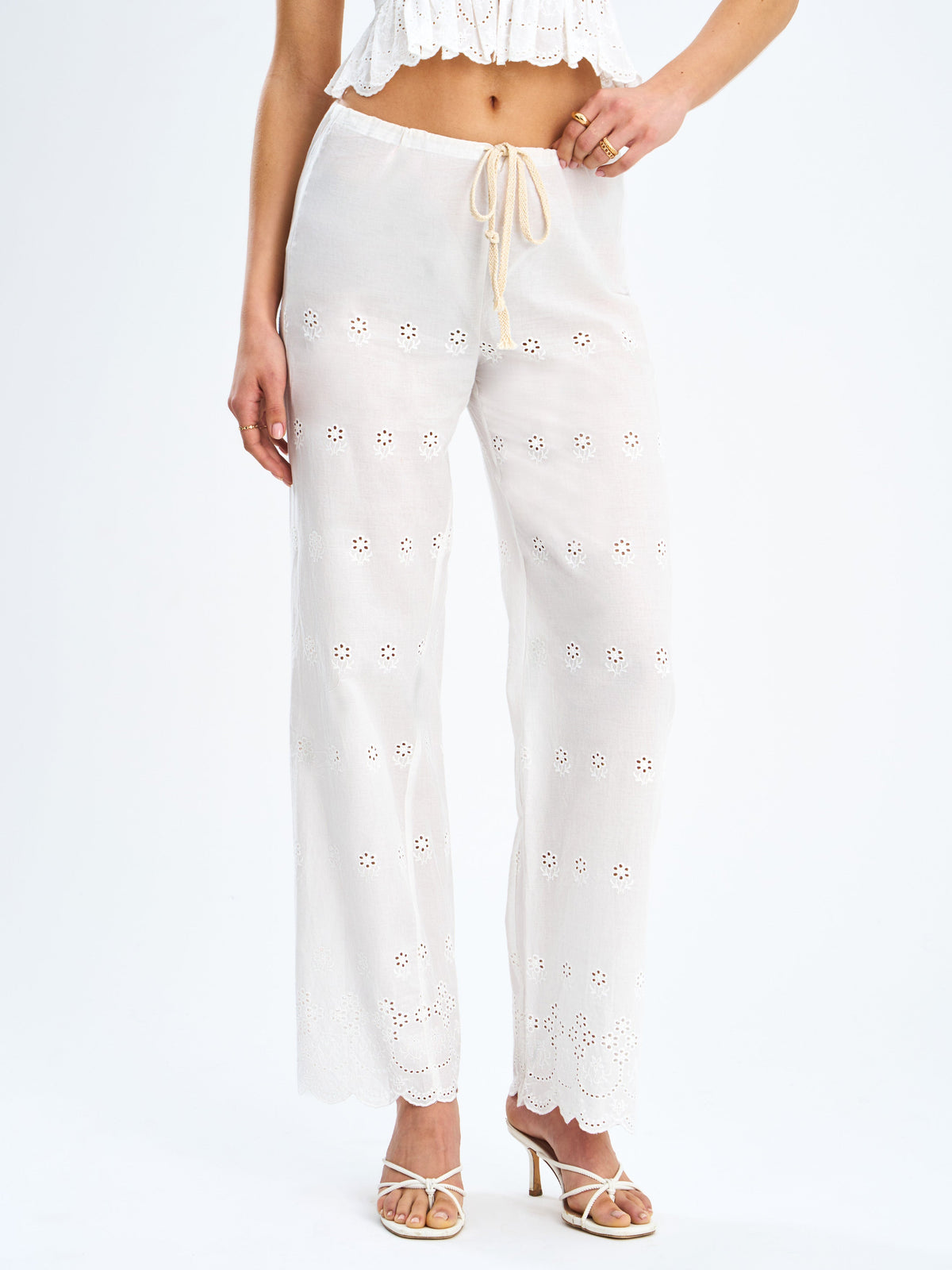 Raina White Cotton Eyelet Straight Pants