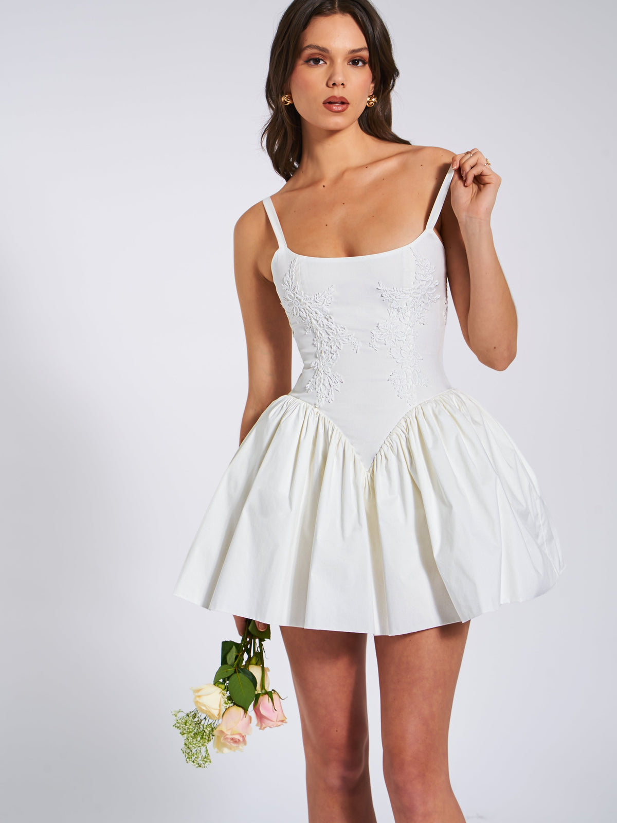 Kadi White Cotton Poplin Drop Waist Corset Mini Dress