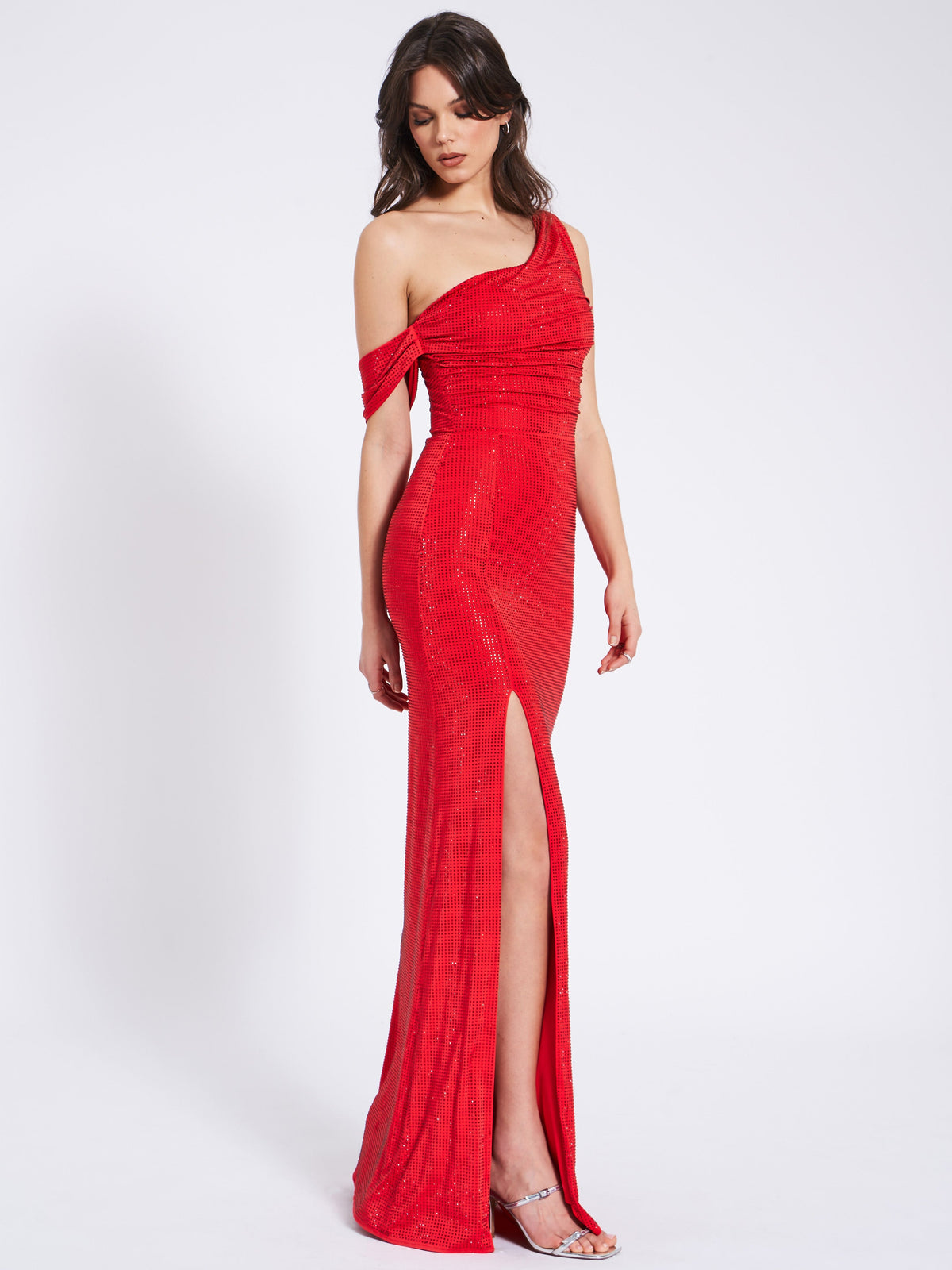 Paget Red Mesh Rhinestone Embellished High Slit Gown (Archive Sale)
