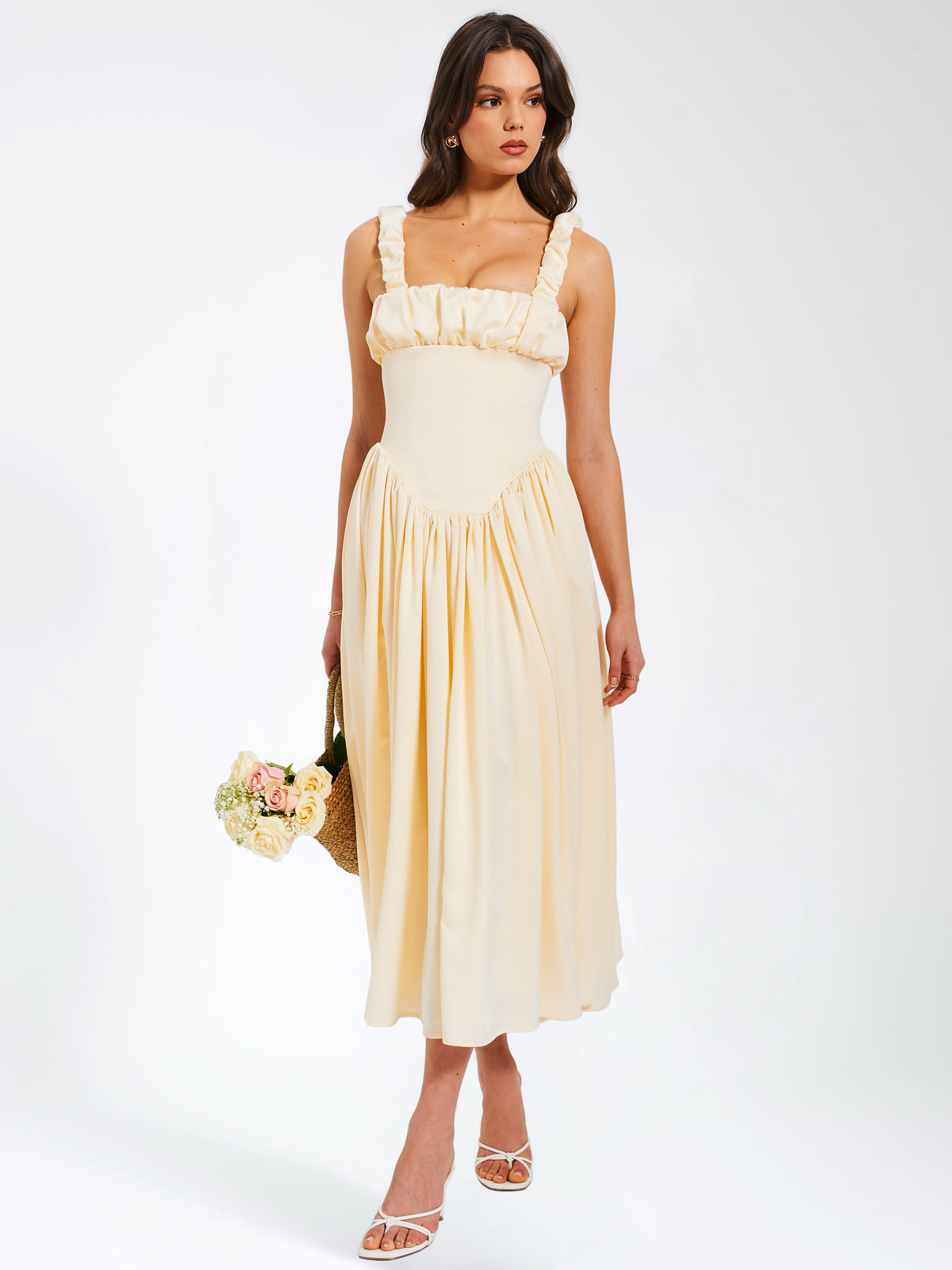 Noreen Egg White Satin Drop Waist Maxi Sundress (Archive Sale)