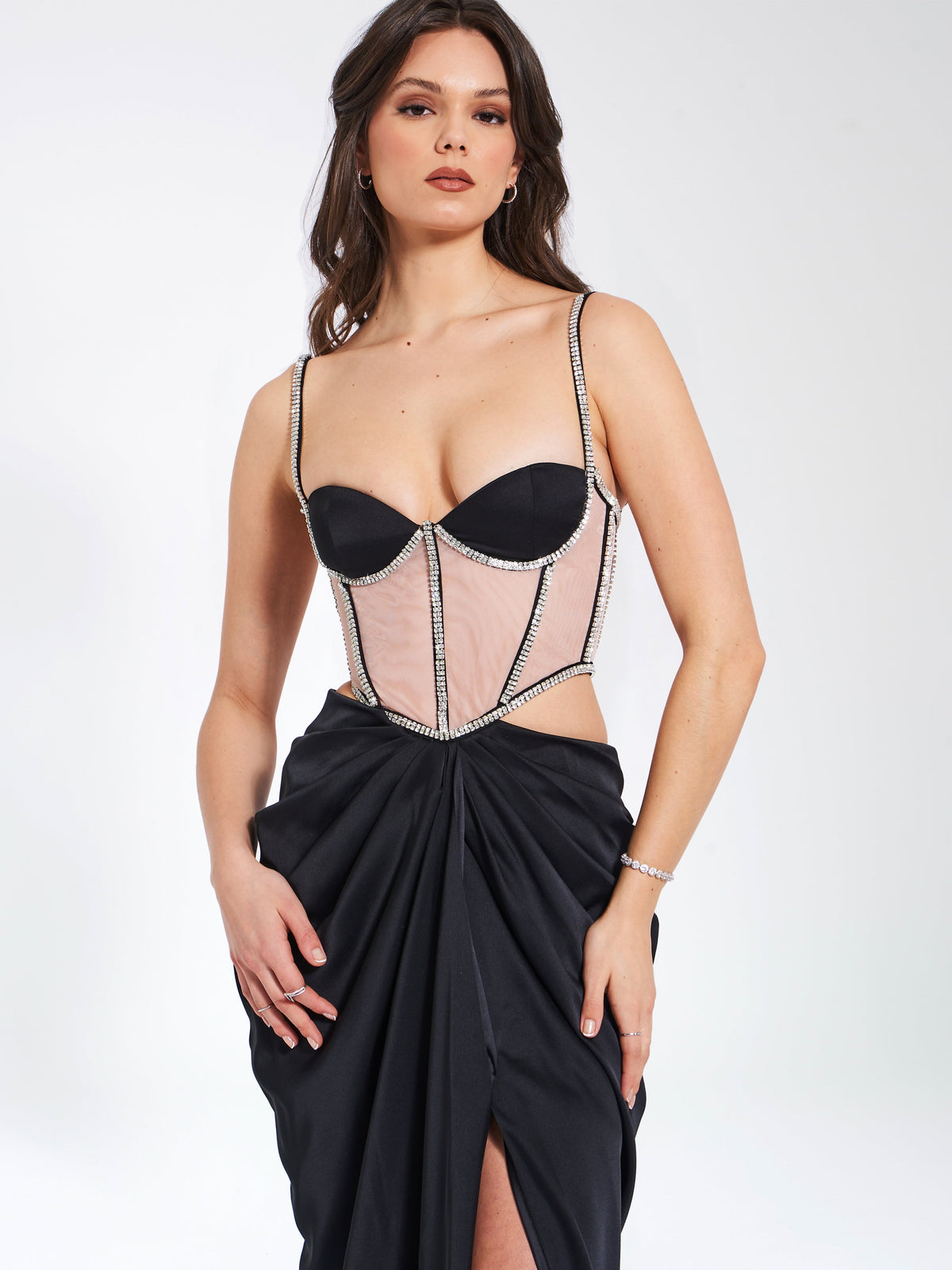 Cadence Black Satin Crystal Embellished Corset Dress (Archive Sale)
