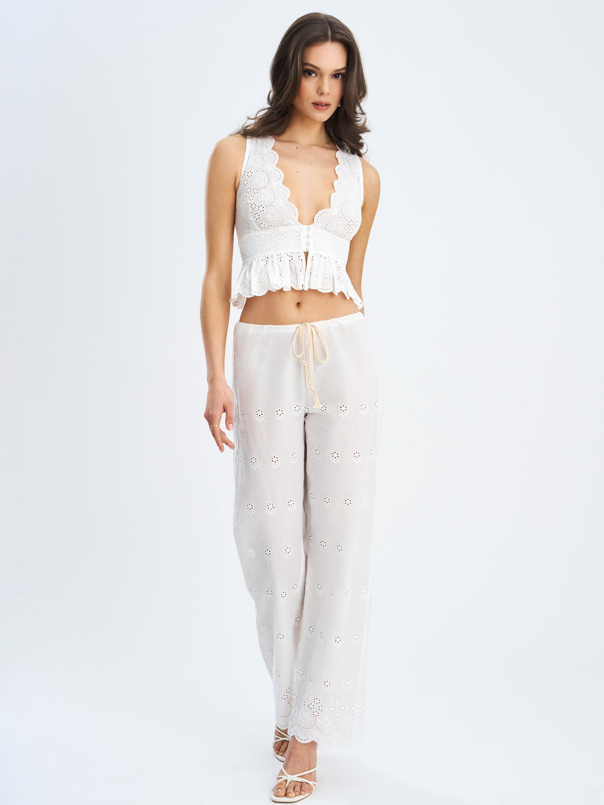 Raina White Cotton Eyelet Straight Pants