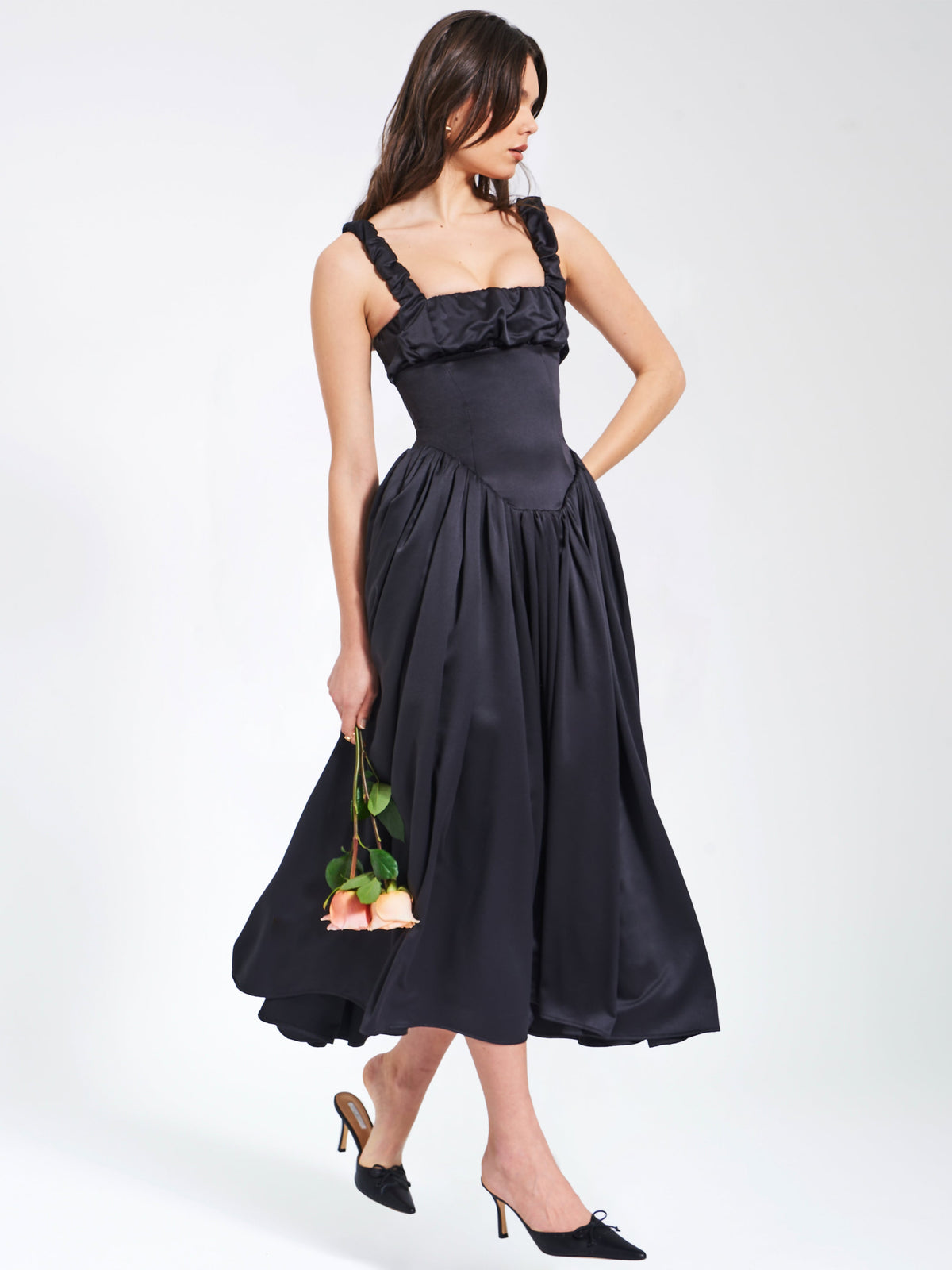 Noreen Black Satin Drop Waist Maxi Sundress (Archive Sale)