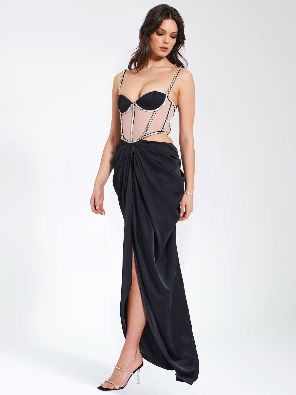 Cadence Black Satin Crystal Embellished Corset Dress (Archive Sale)