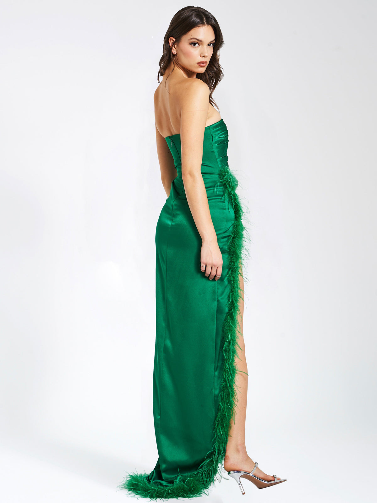 Perrin Emerald Green Feather Dress High Slit Gown (Archive Sale)