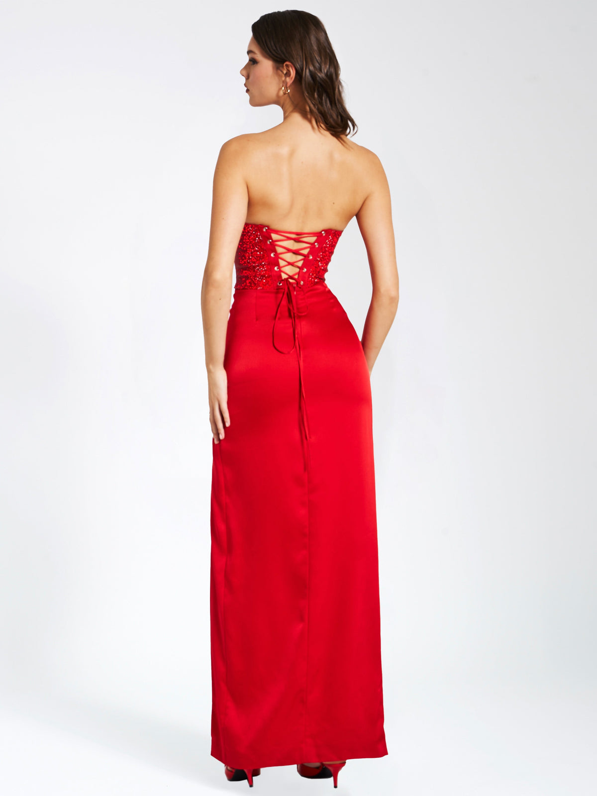 Kadesha Red Crystal High Slit Satin Corset Gown