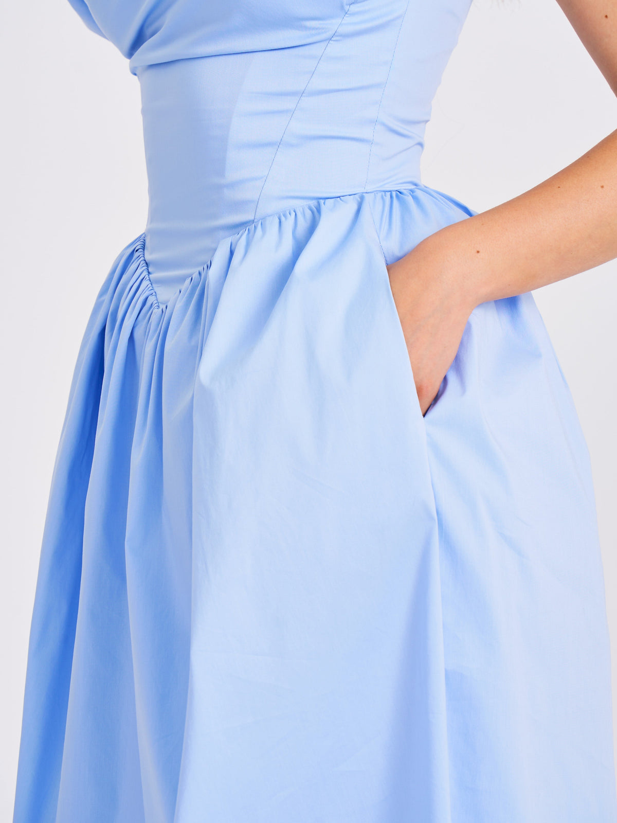 Reina Blue Cotton Poplin Drop Waist Corset Midi Dress