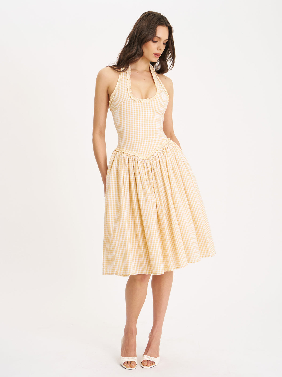 Idella Yellow Gingham U Neck Midi Dress (Archive Sale)