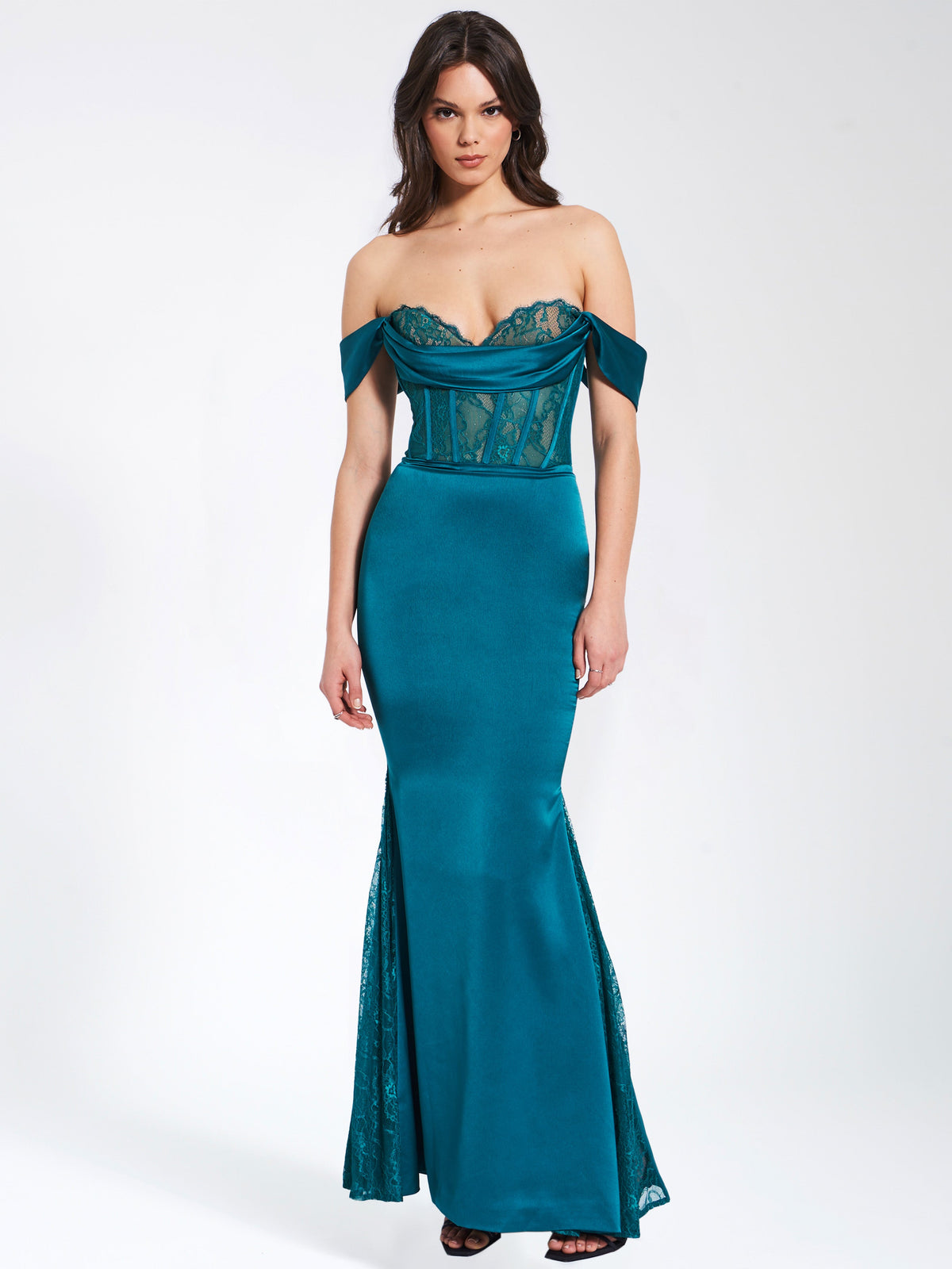 Callista Teal Satin Lace Corset Maxi Dress (Archive Sale)