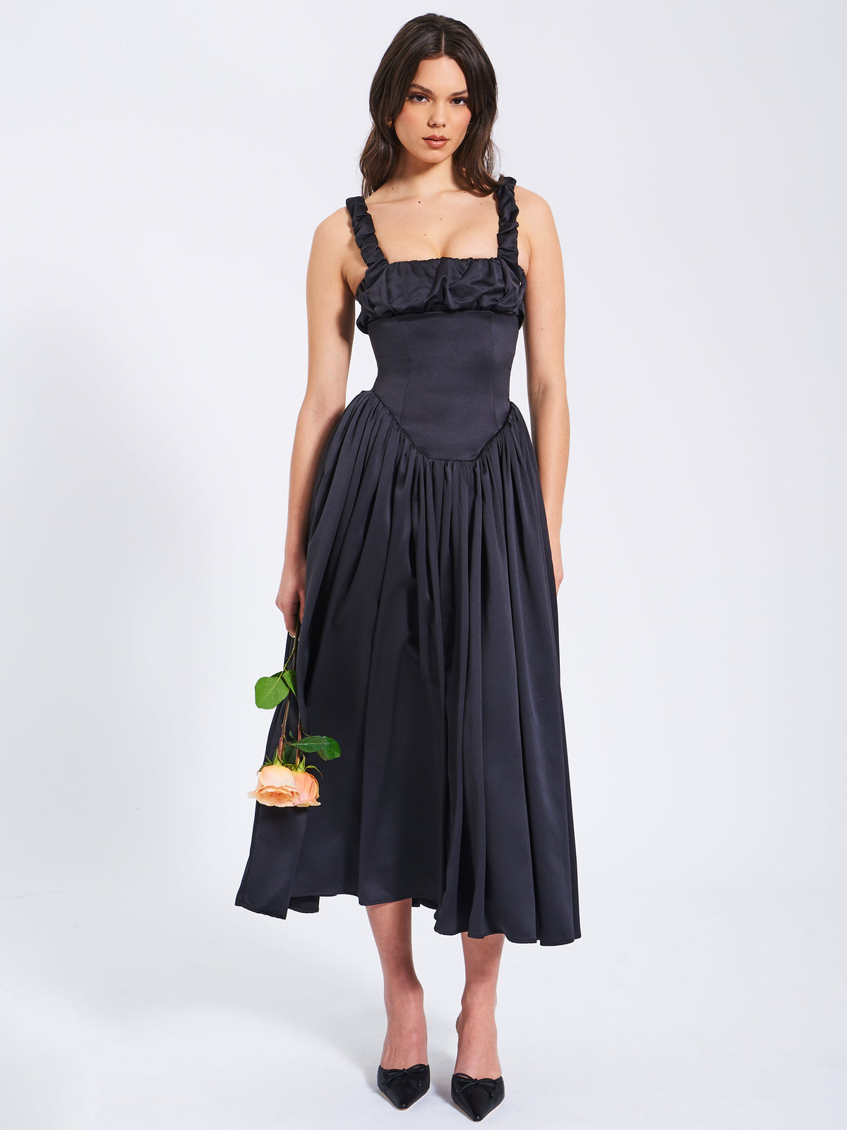 Noreen Black Satin Drop Waist Maxi Sundress (Archive Sale)