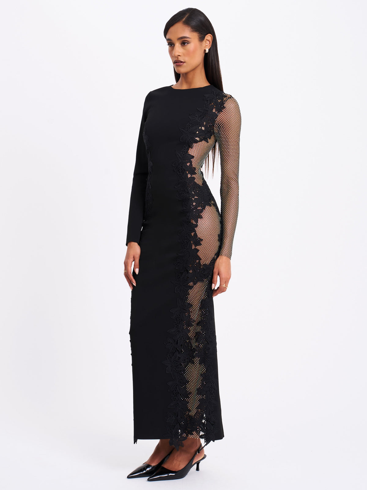 Bailey Lace Trim Crystal Net Cutout Long Sleeve Gown (Archive Sale)