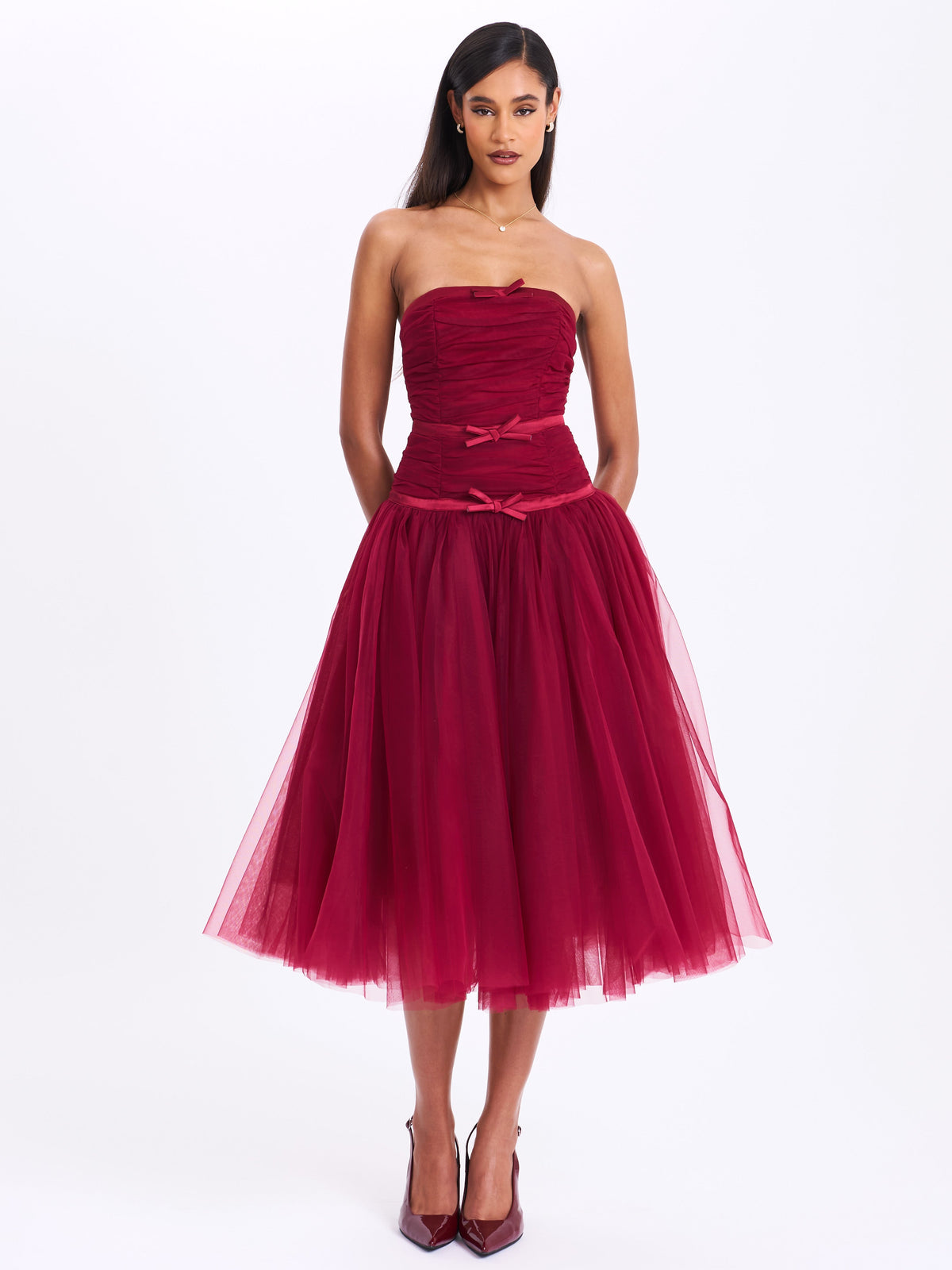 Mabel Burgundy Drop Waist Layered Mesh Midi Puffy Dress with Bow
