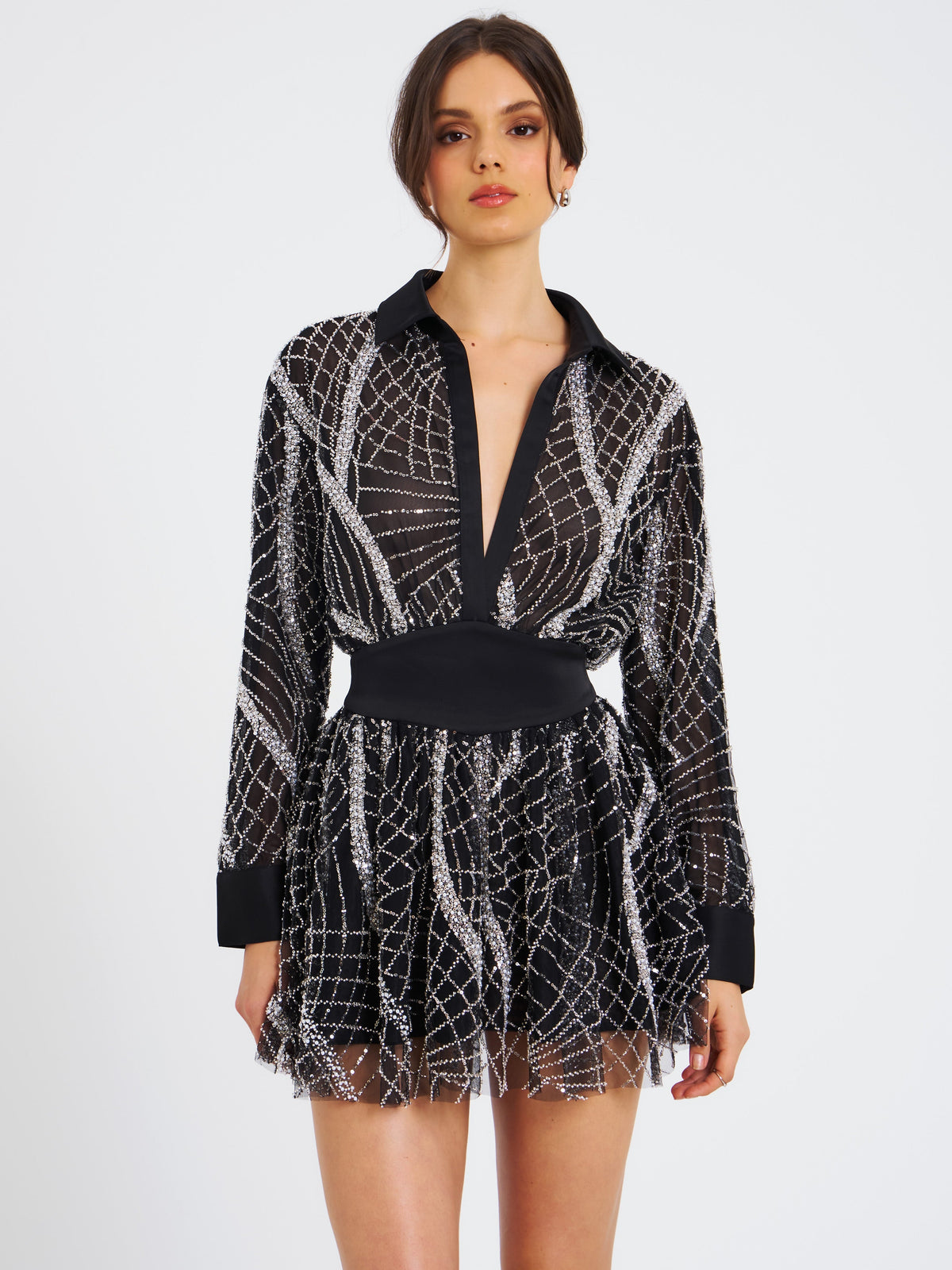 Rachelle Black Embroidered Mesh Mini Shirt Dress (Archive Sale)
