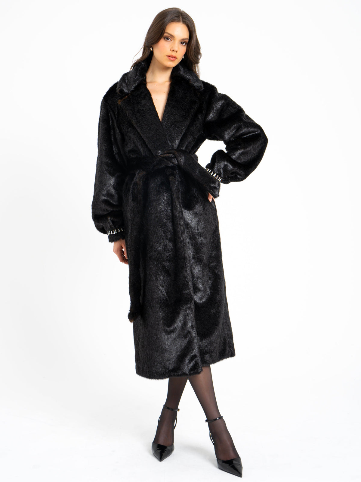 Yahia Black Vegan Long Faux Mink Coat (Archive Sale)