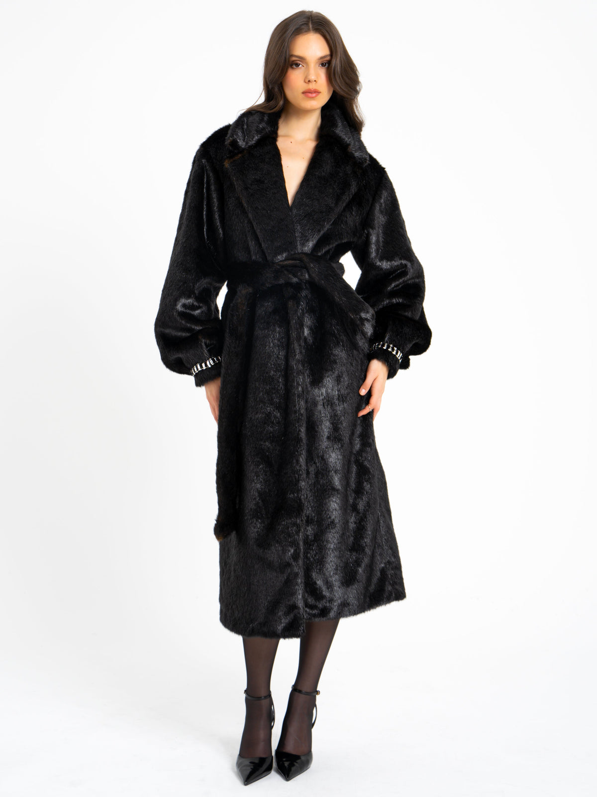 Yahia Black Vegan Long Faux Mink Coat (Archive Sale)