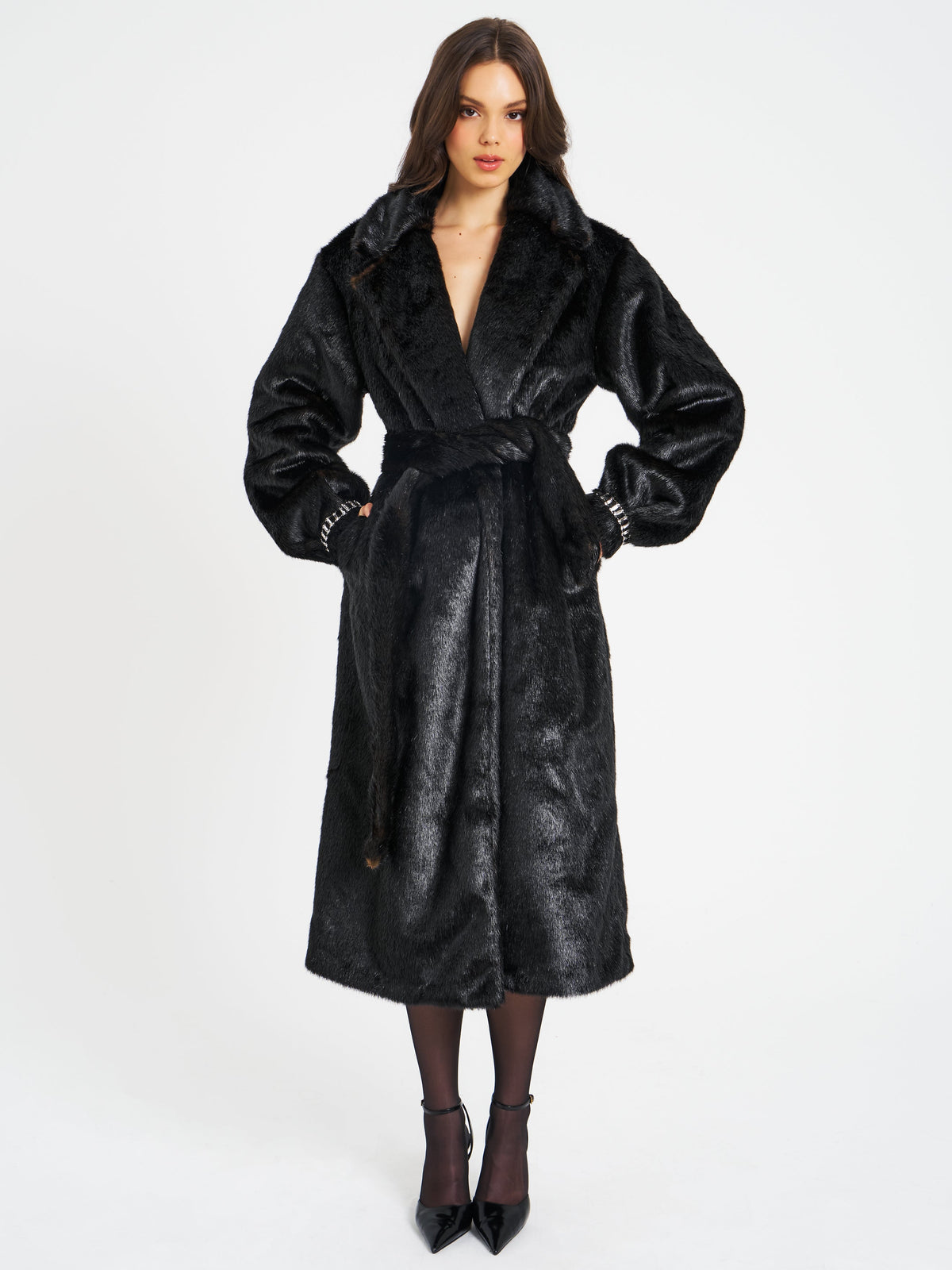 Yahia Black Vegan Long Faux Mink Coat (Archive Sale)
