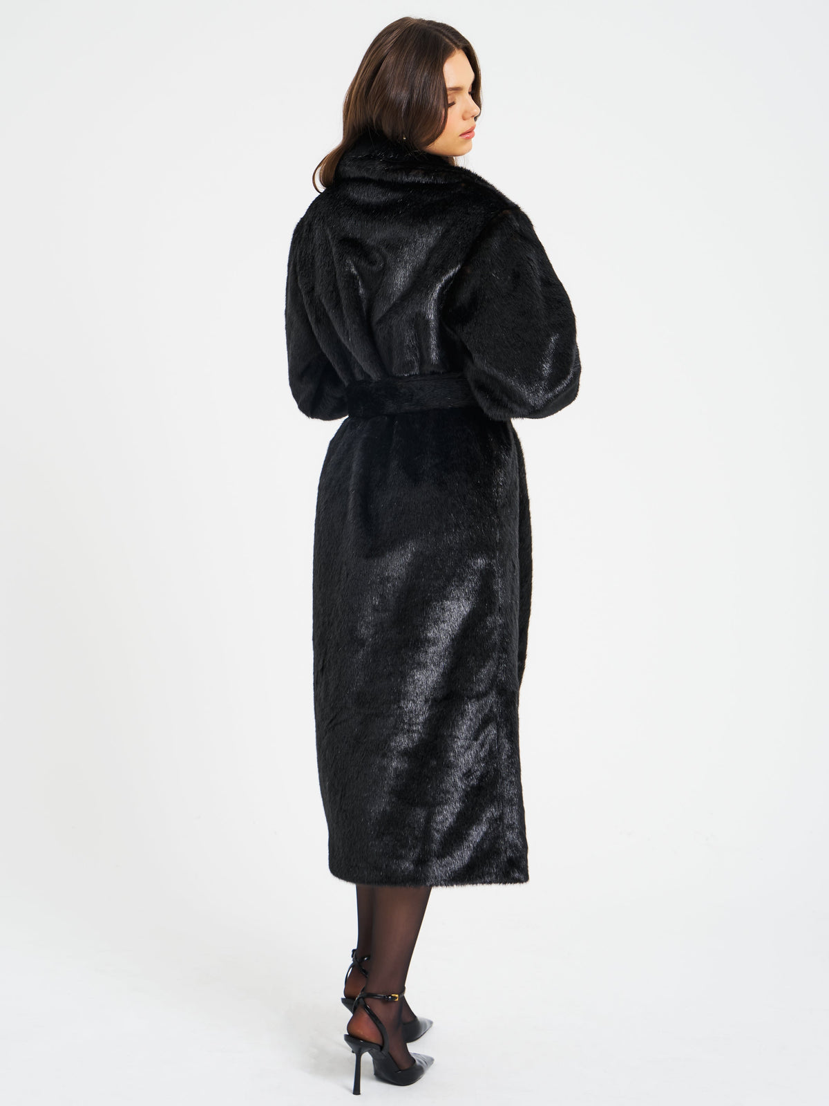 Yahia Black Vegan Long Faux Mink Coat (Archive Sale)