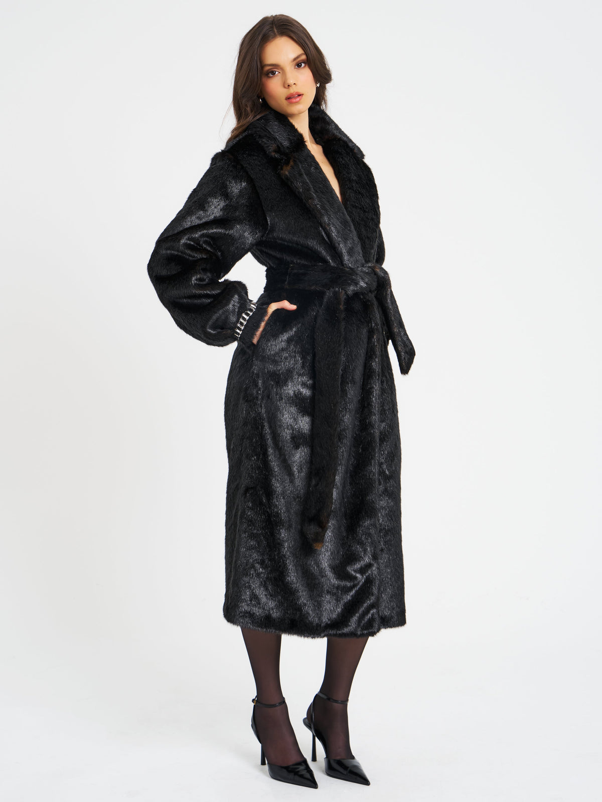 Yahia Black Vegan Long Faux Mink Coat (Archive Sale)
