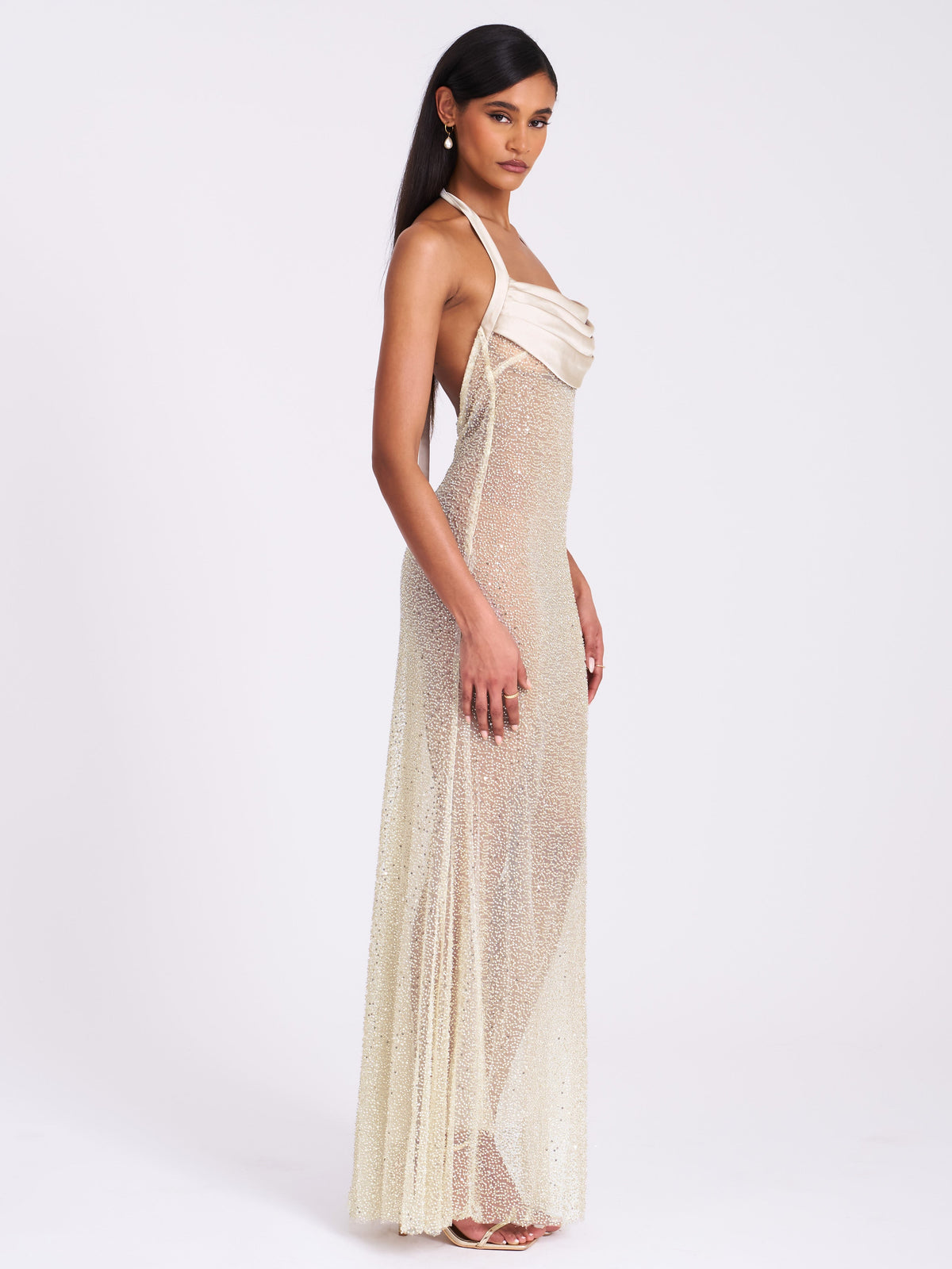 Zahya Lime Halter Backless Beaded Mesh Gown (Archive Sale)
