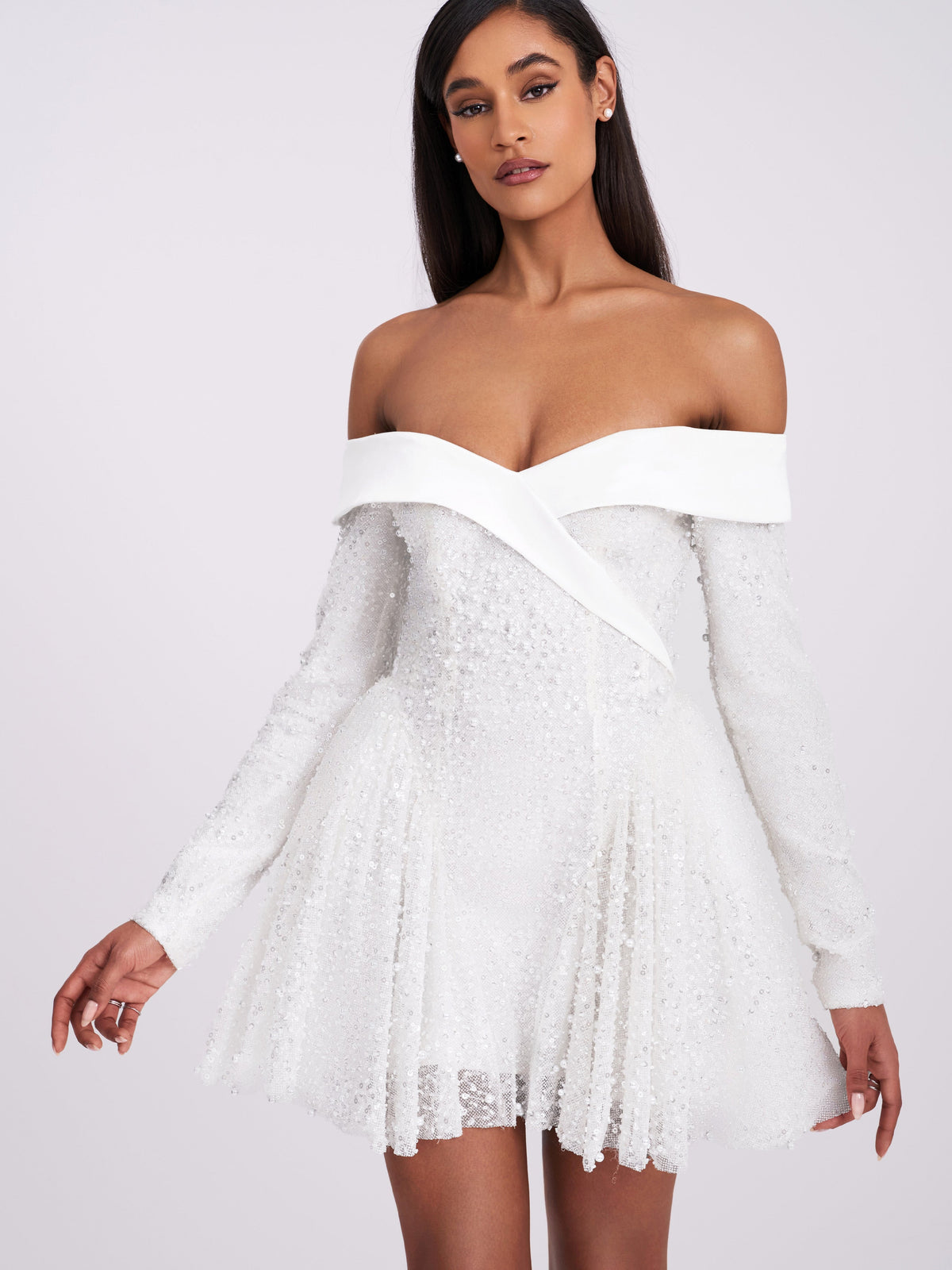 Kira Bead Embroidered Mesh Off Shoulder Long Sleeve Mini Dress