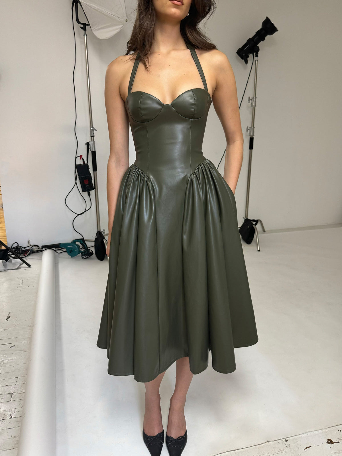 Eliana Olive Vegan Leather Dress