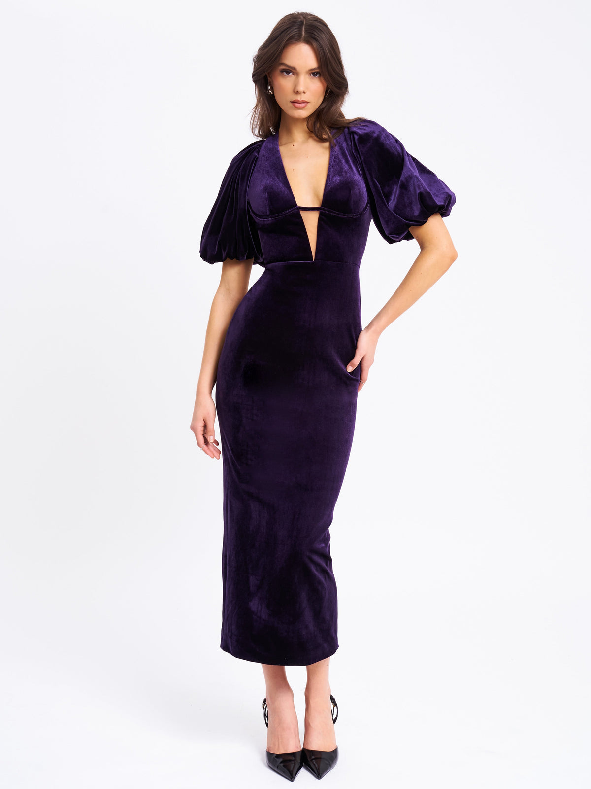 Coraline Purple Velvet Bubble Sleeve Backless Maxi Dress (Archive Sale)