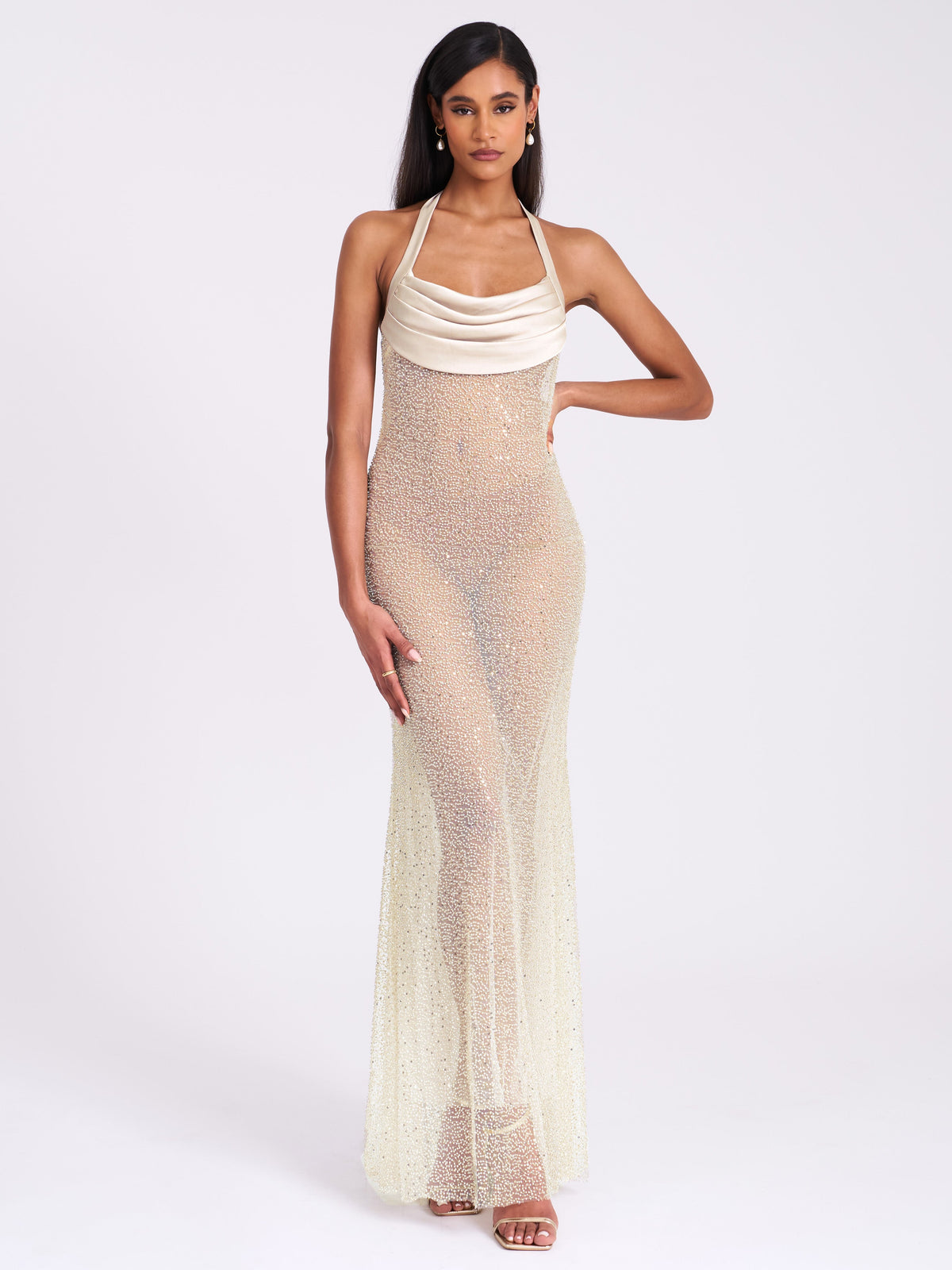 Zahya Lime Halter Backless Beaded Mesh Gown (Archive Sale)
