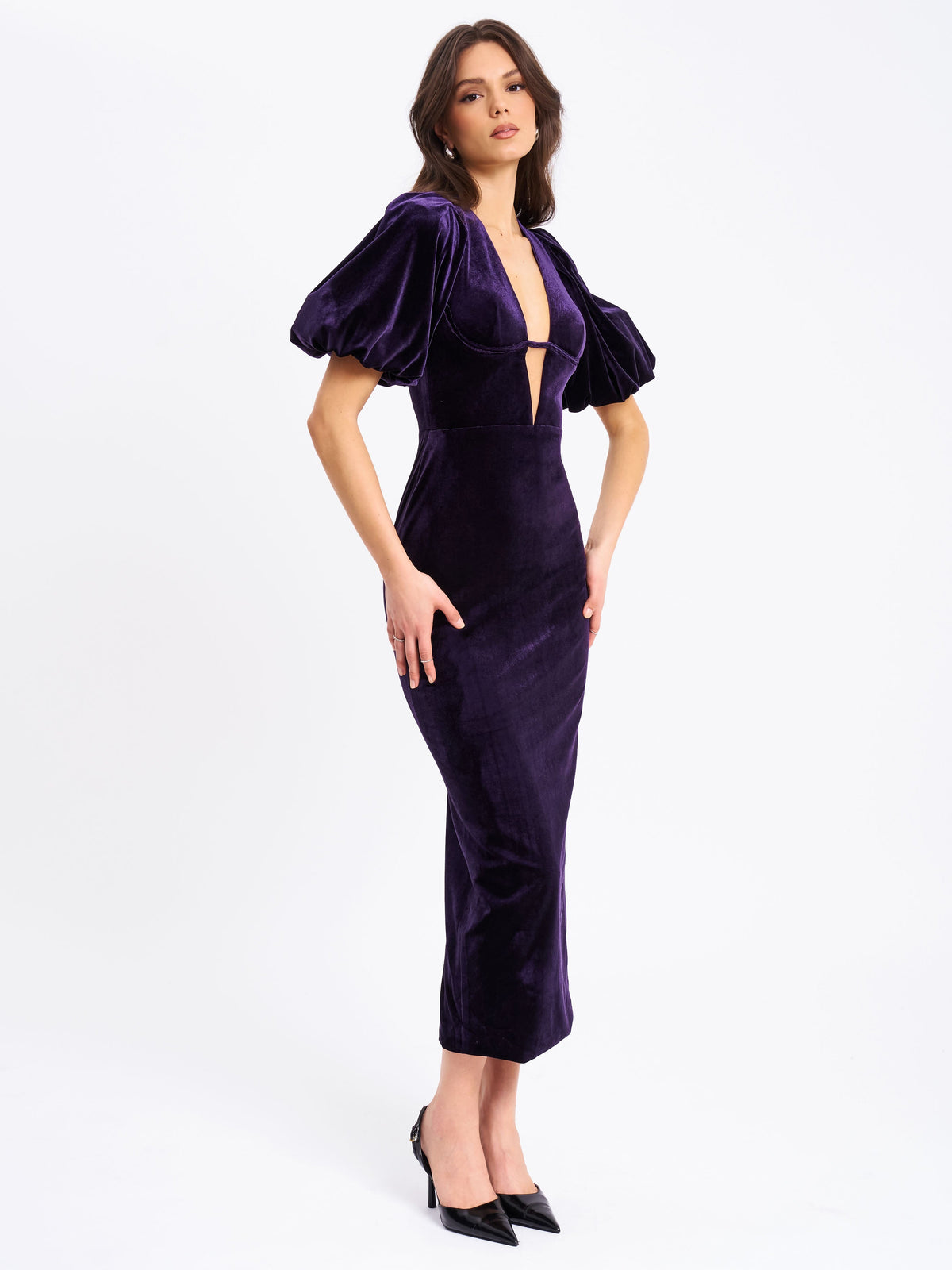 Coraline Purple Velvet Bubble Sleeve Backless Maxi Dress (Archive Sale)