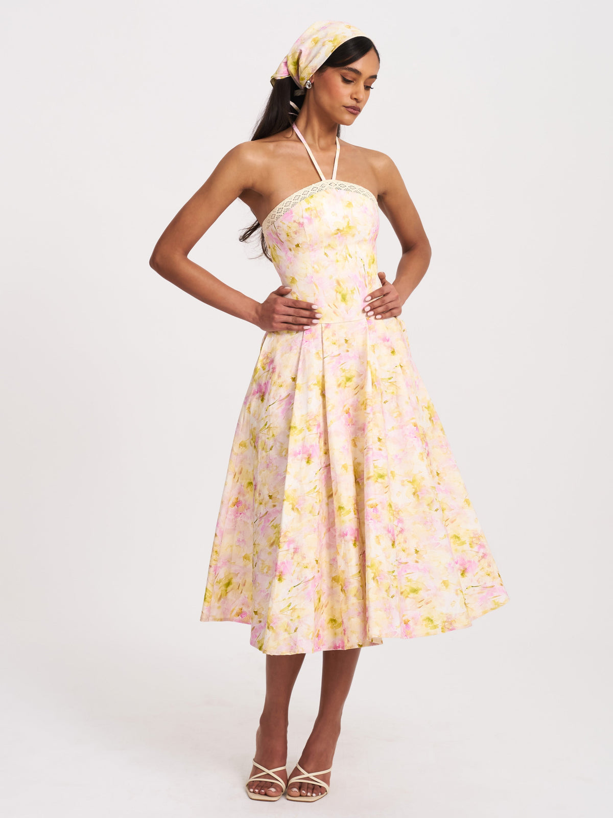 Zaina Yellow Pink Floral Print Lace Trim Linen Midi Dress