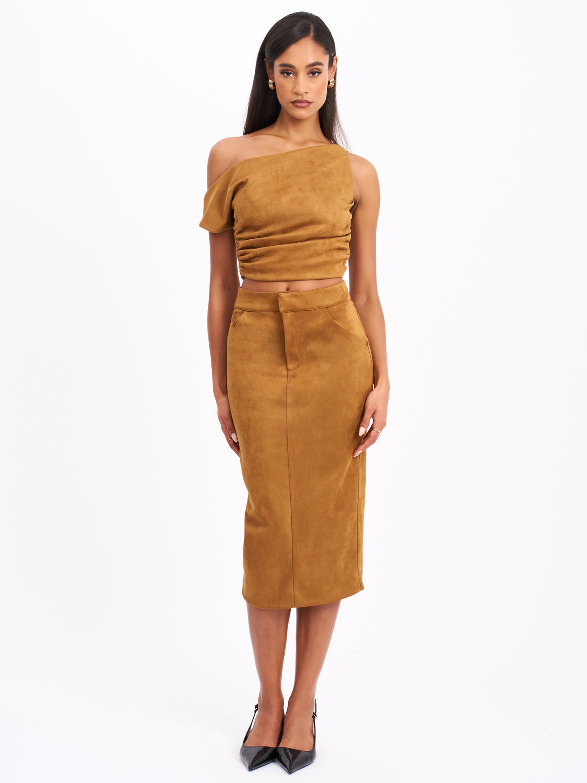 Zabrina Brown Suede Straight Pencil Skirt (Archive Sale)