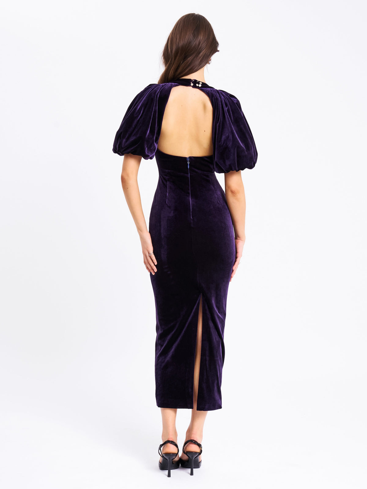 Coraline Purple Velvet Bubble Sleeve Backless Maxi Dress (Archive Sale)