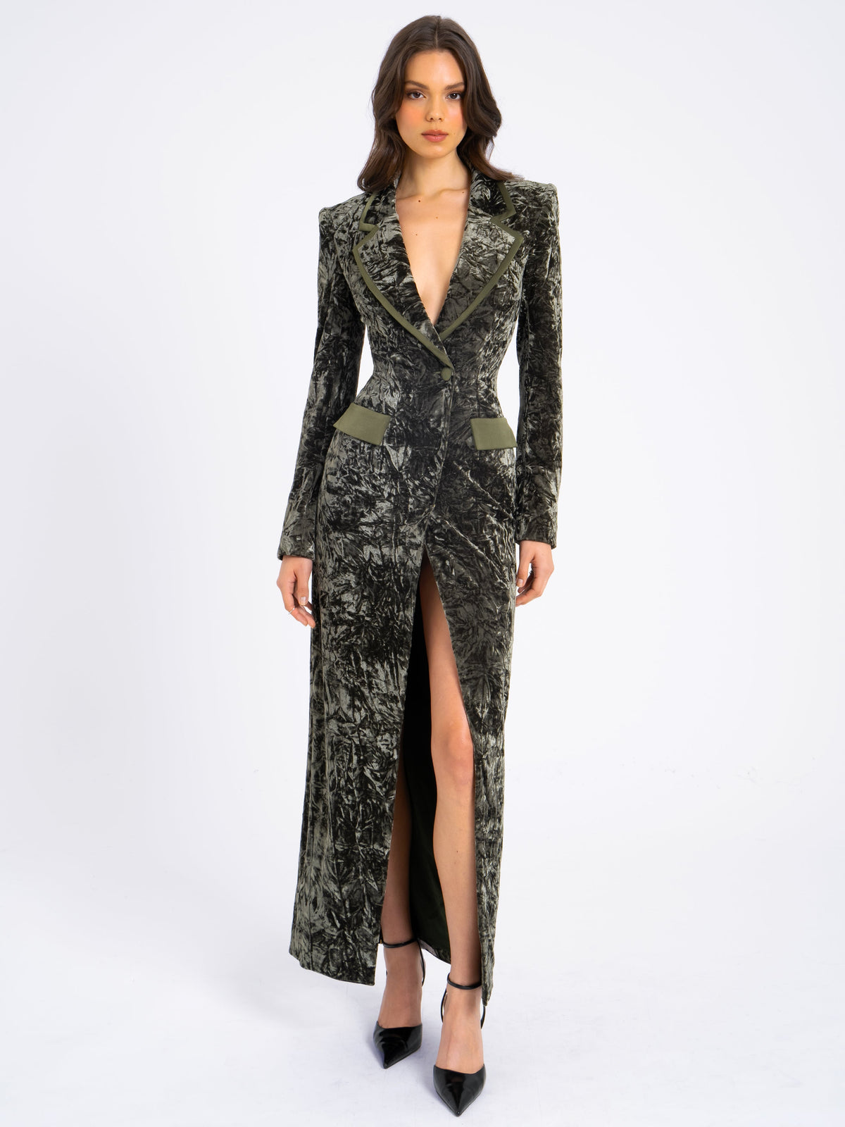 Willow Green Glossy Velvet High Slit Blazer Gown (Archive Sale)