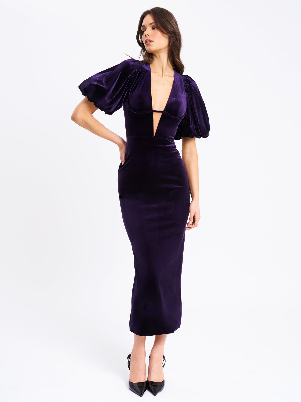 Coraline Purple Velvet Bubble Sleeve Backless Maxi Dress (Archive Sale)