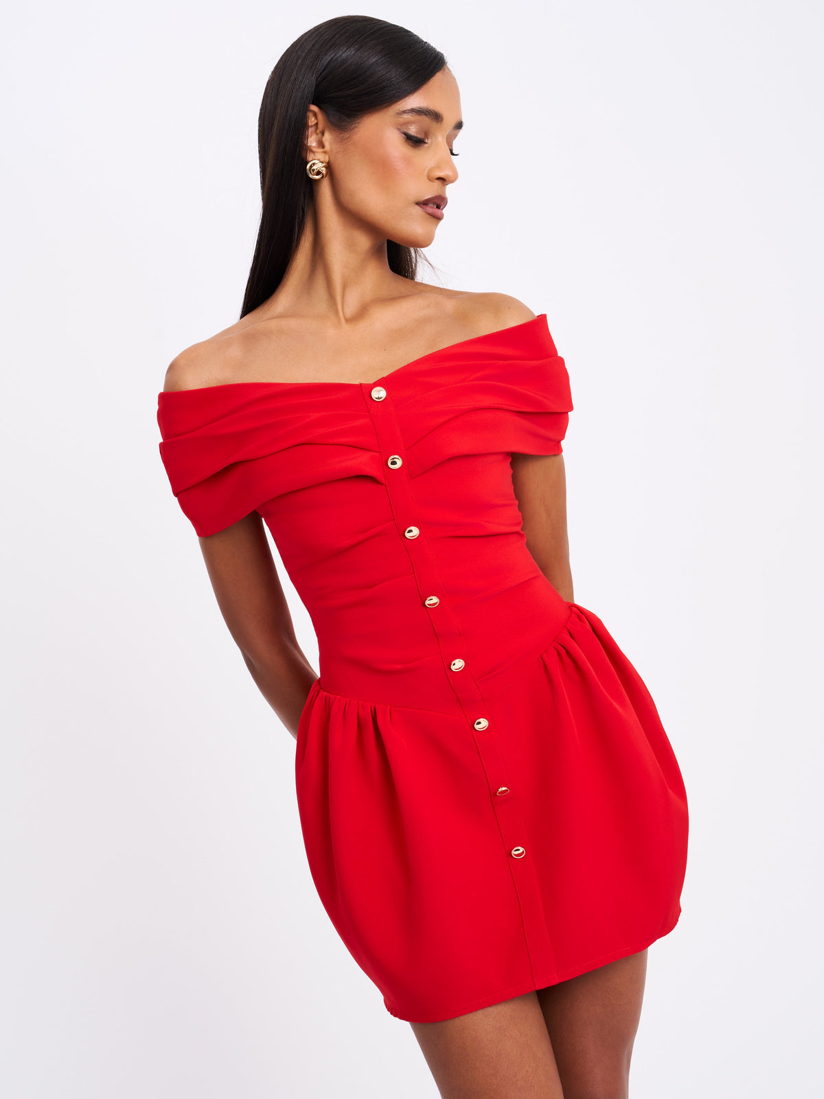 Cait Red Off Shoulder Drop Waist Mini Dress (Archive Sale)