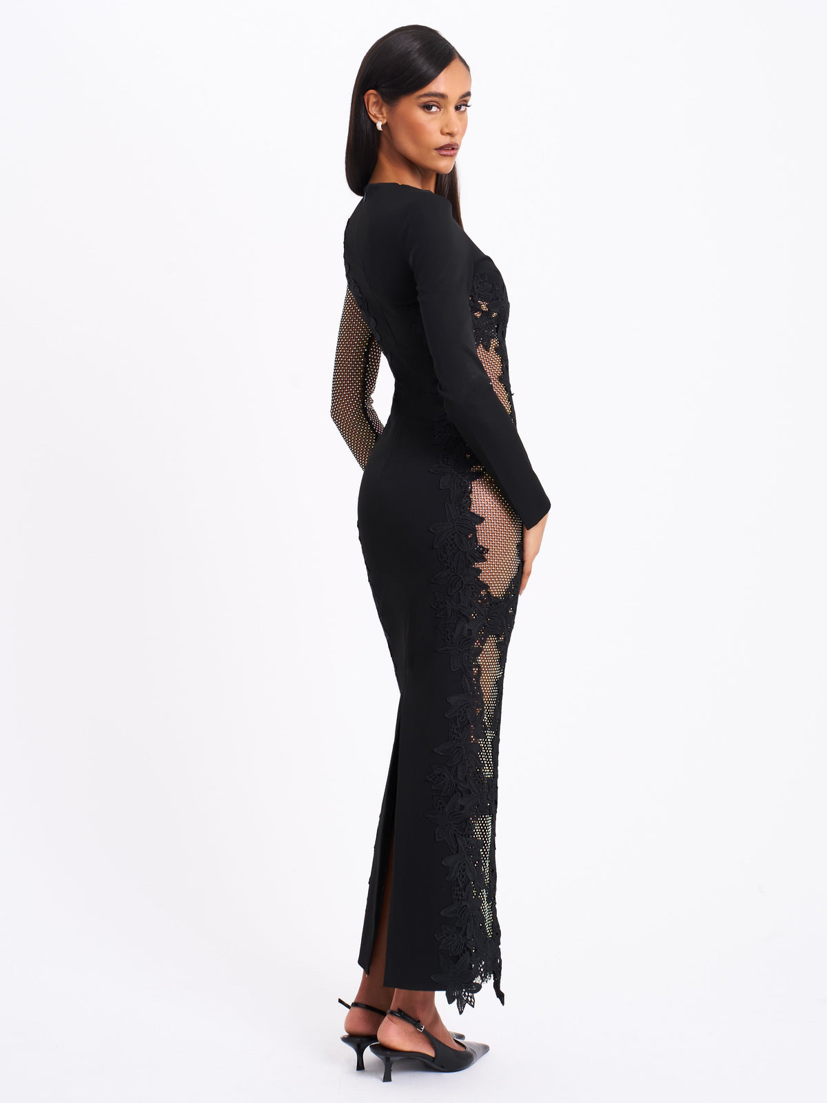 Bailey Lace Trim Crystal Net Cutout Long Sleeve Gown (Archive Sale)
