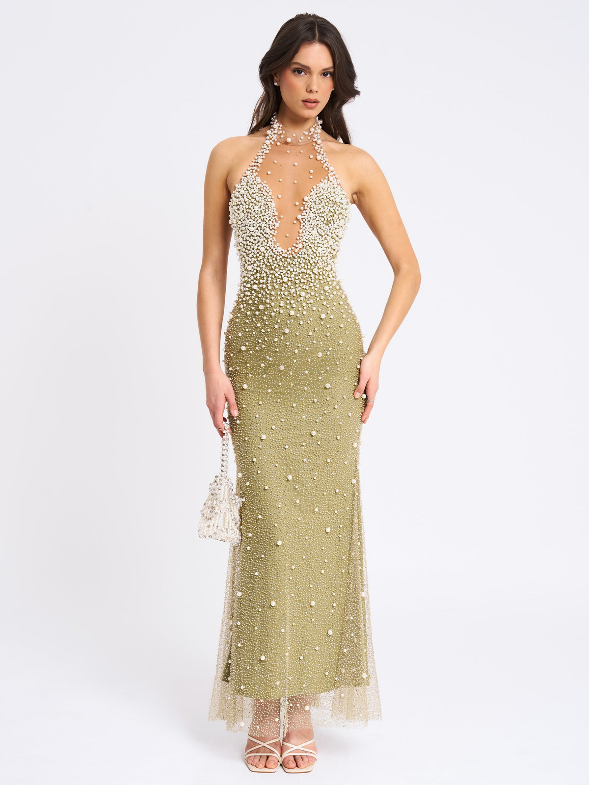 BBC Ginny Pear Green Pearl Embellished Backless Gown (Archive Sale)