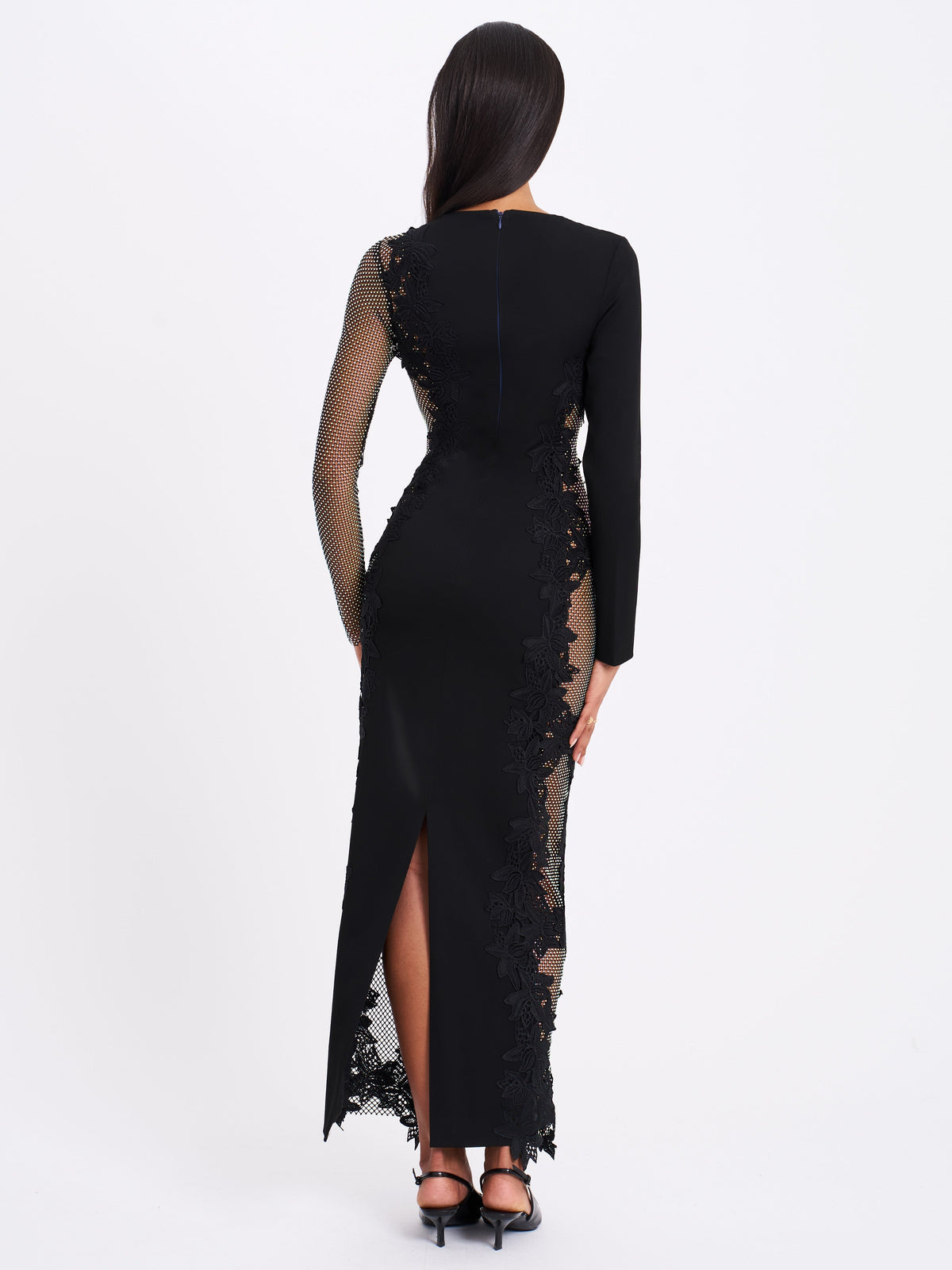 Bailey Lace Trim Crystal Net Cutout Long Sleeve Gown (Archive Sale)