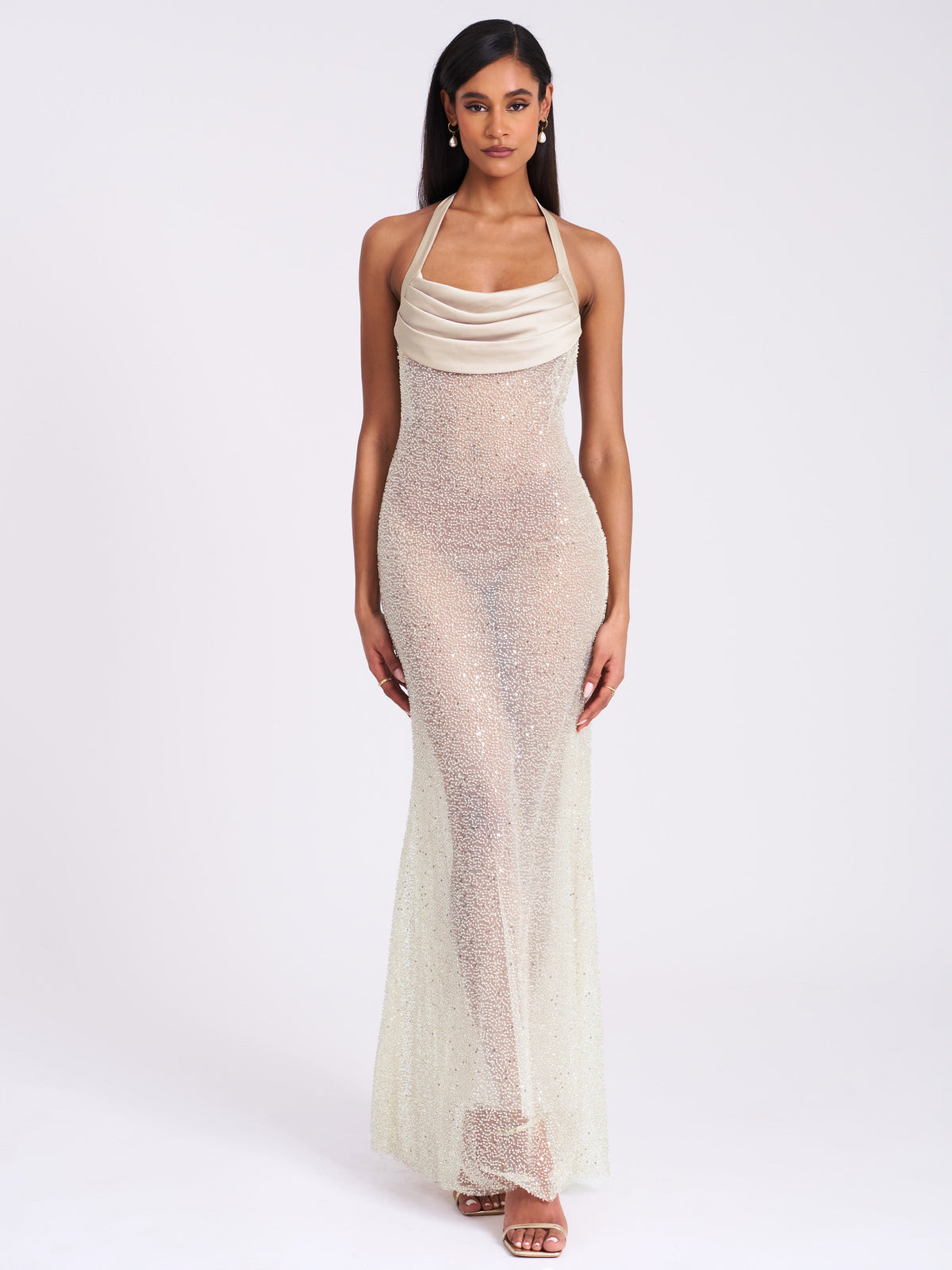Zahya Lime Halter Backless Beaded Mesh Gown (Archive Sale)