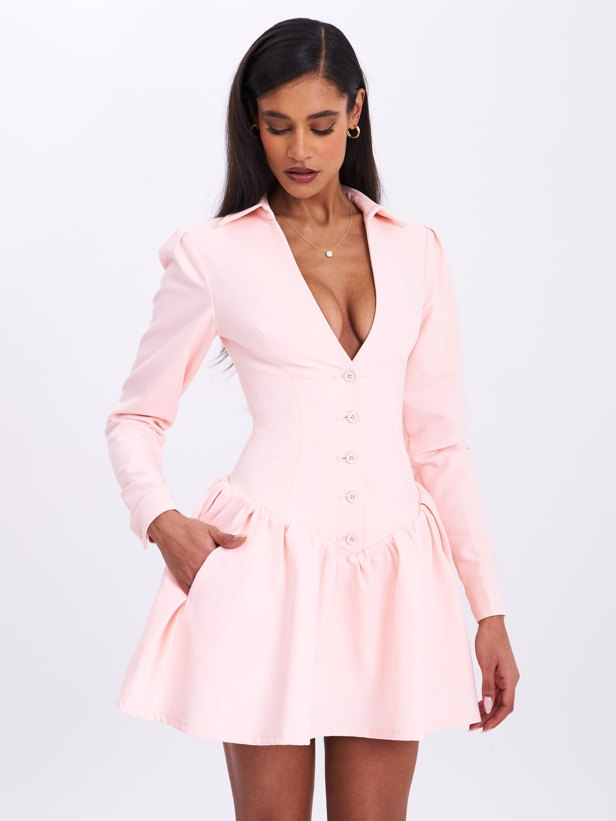 Xabrina Macaron Pink Long Sleeve Shirt Mini Dress (Archive Sale)