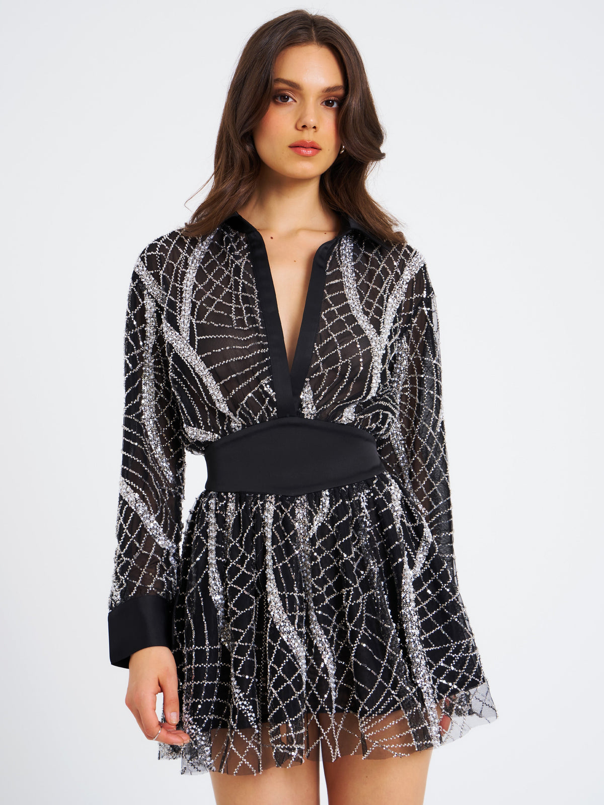 Rachelle Black Embroidered Mesh Mini Shirt Dress (Archive Sale)