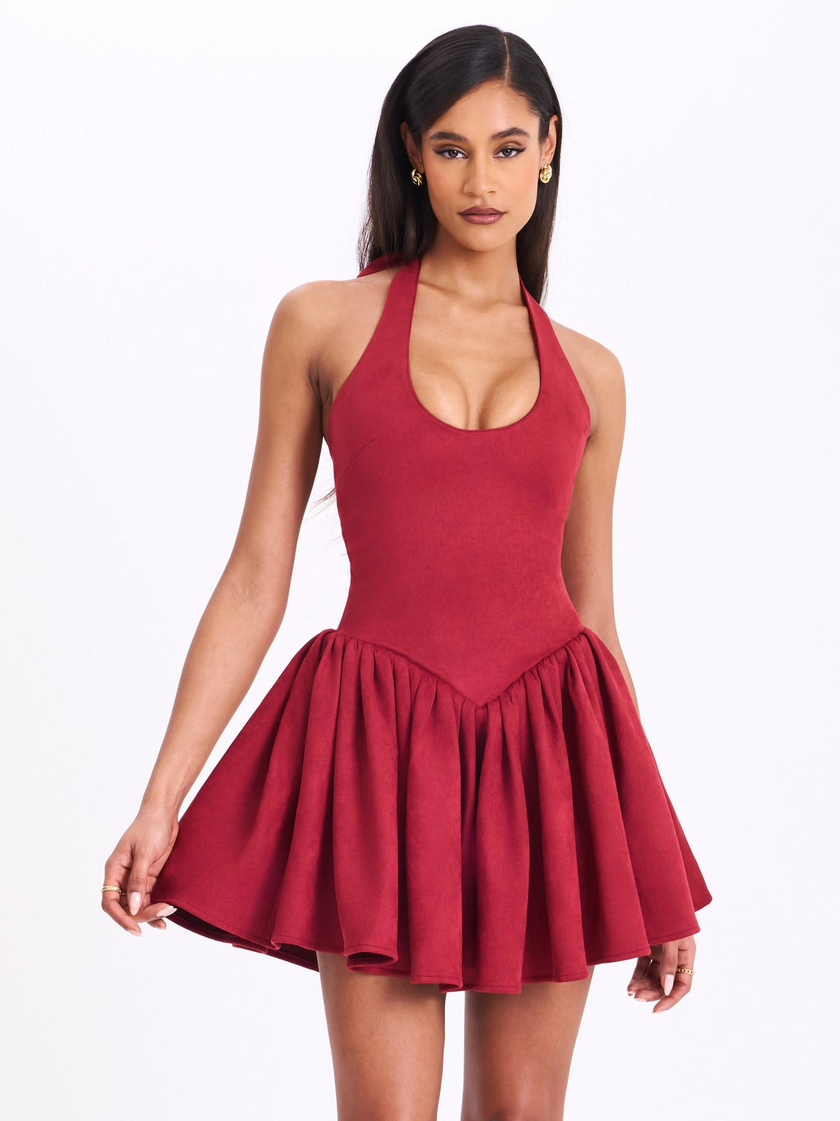 Hadorabra Burgundy Suede Halter Mini Full Dress (Archive Sale)
