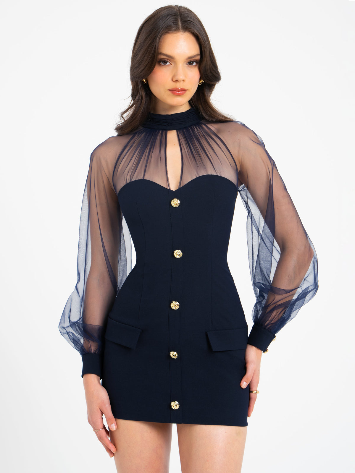 Tabitha Navy Blue Mesh Lantern Sleeve Mini Dress (Archive Sale)